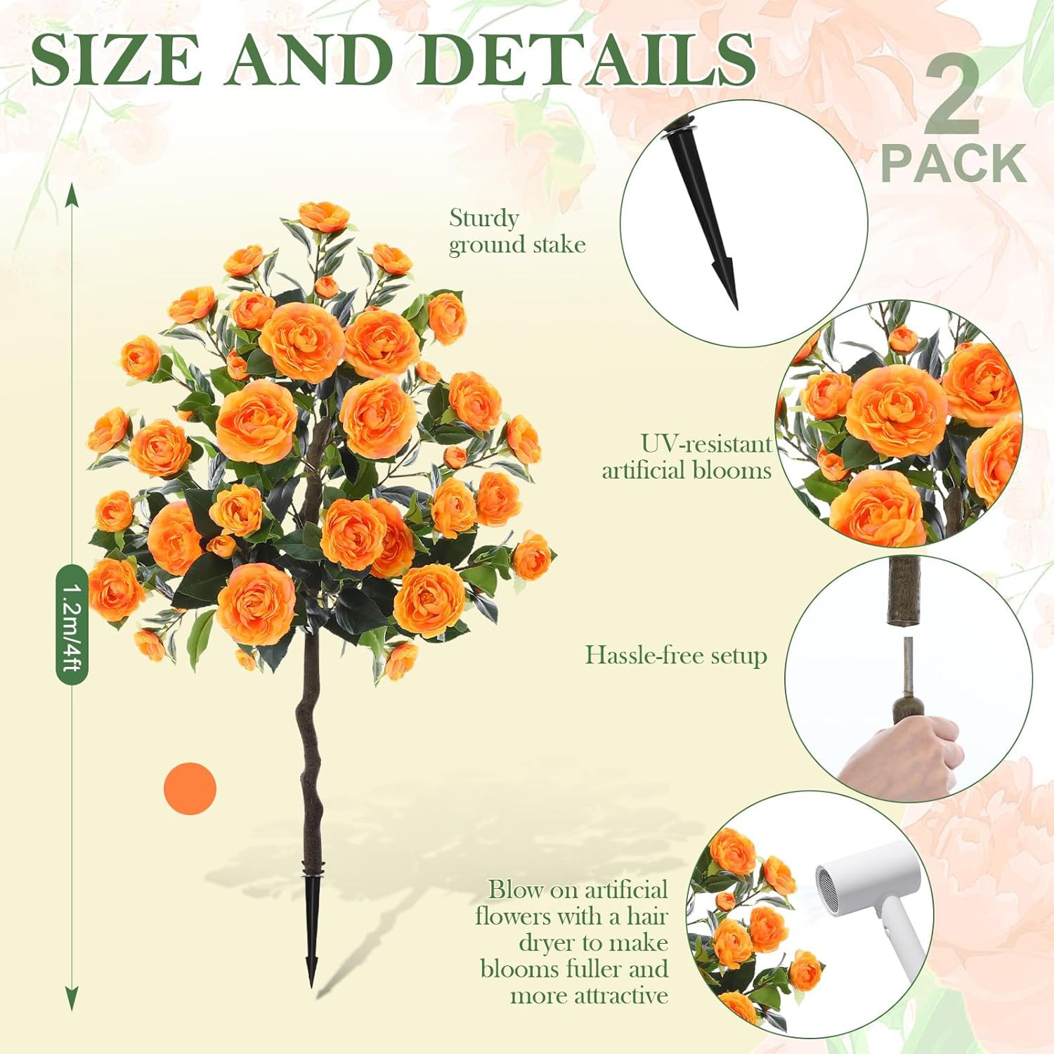 2 Pack 4Ft UV Resistant Faux Camellia Plants for Outdoor Decor, Orange