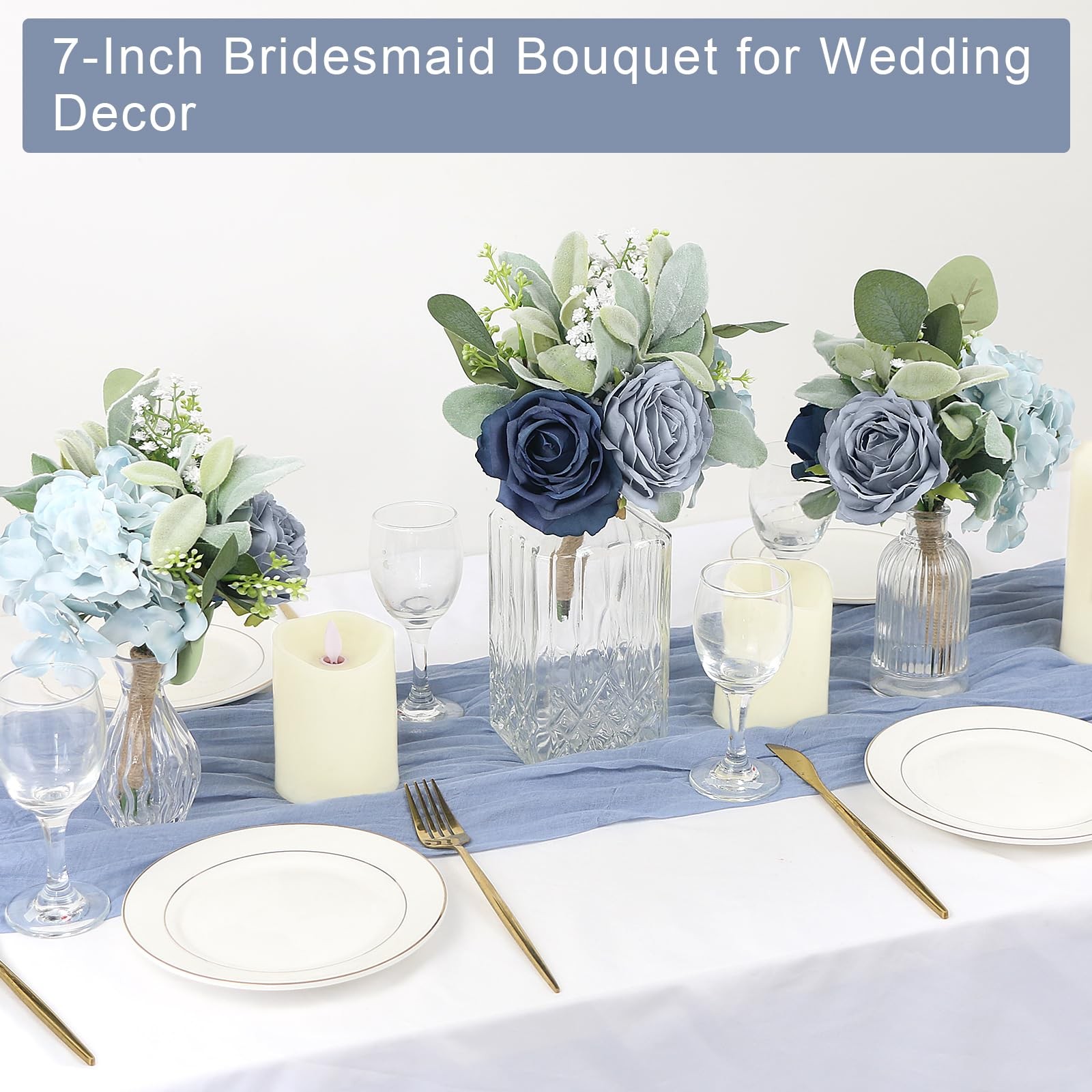 4 PCS 7 Inch Blue Artificial Silk Rose Bridesmaid Wedding Bouquet Set
