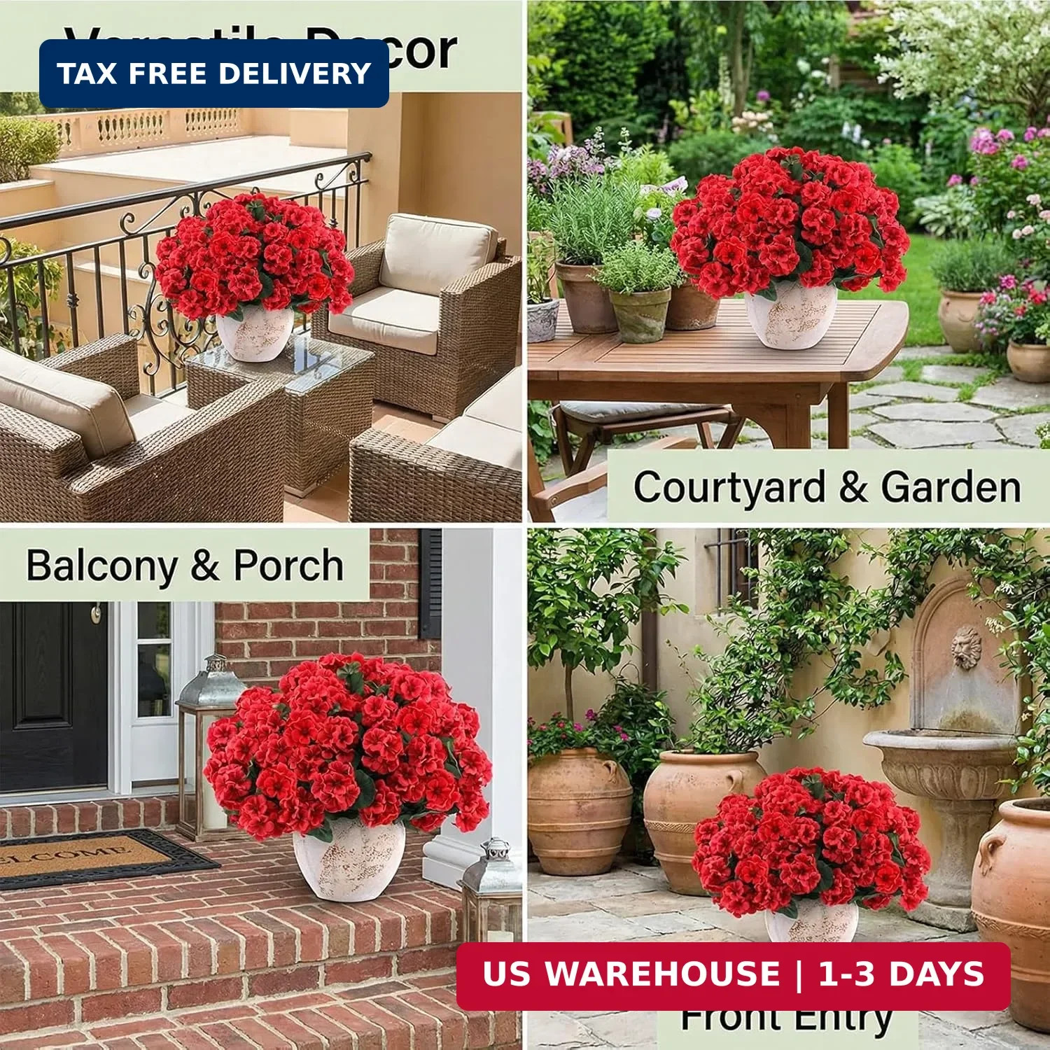 6 Pack Artificial Geranium Flowers for Outdoors Geranium Silk Red Flower Outdoor