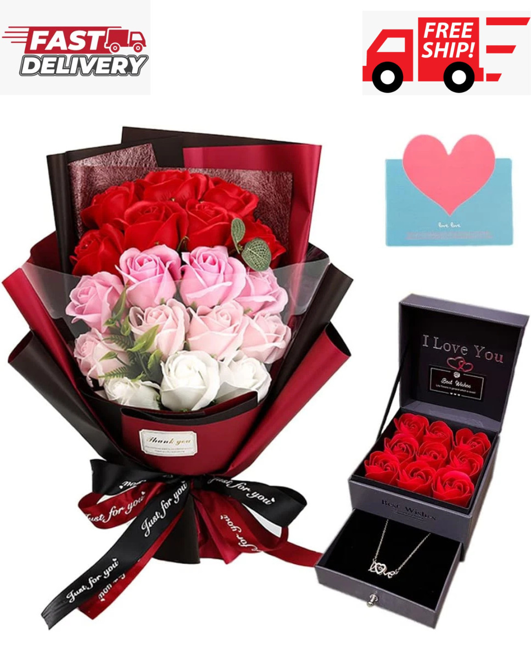 Roses Bouquet Artificial Flower Preserved Red Rose Flowers with Love Necklace