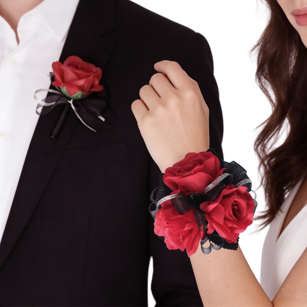 2 PCS Red Rose Wrist Corsage Wristlet Men Boutonniere Set Wedding Prom Flower