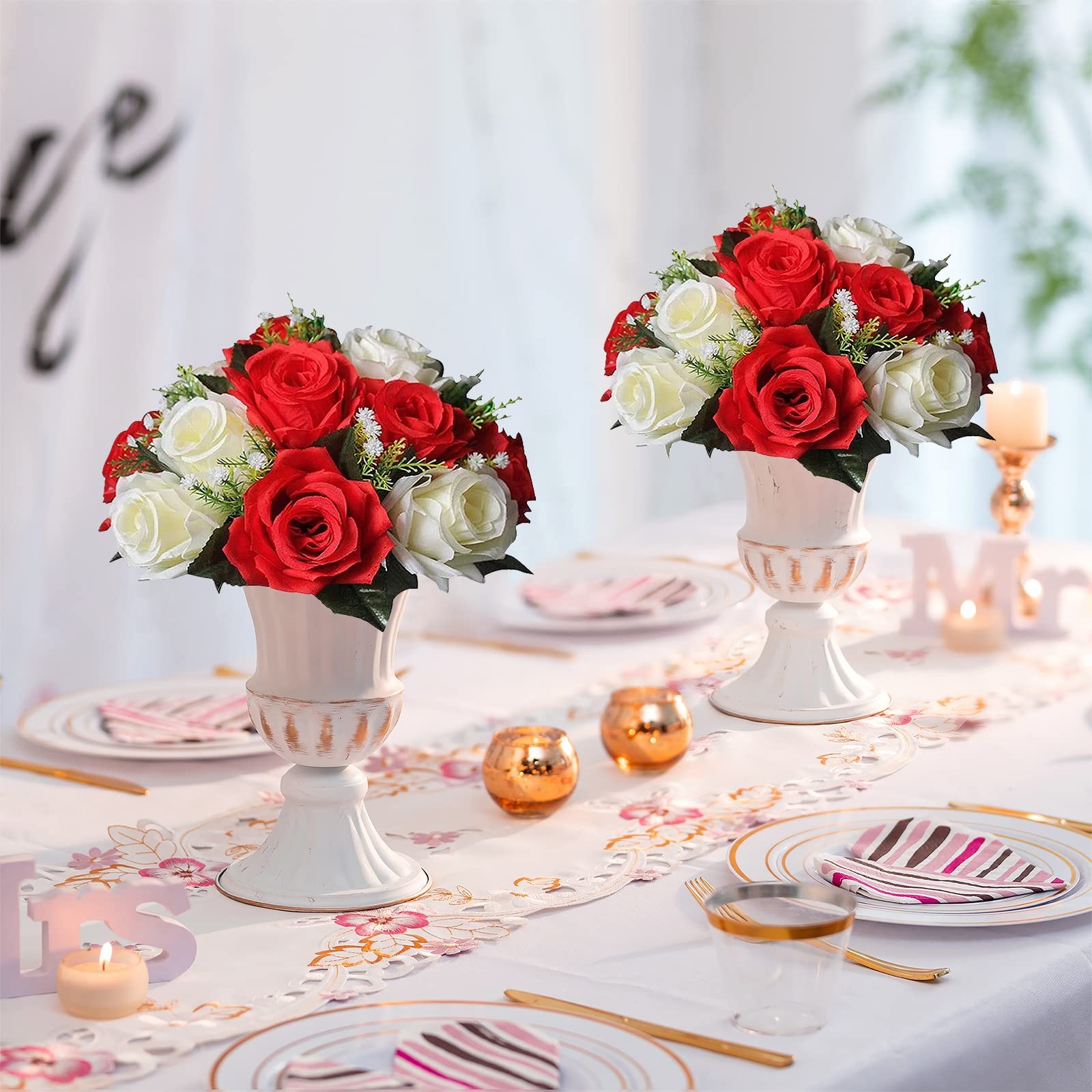 10pcs Red White Silk Artificial Flower Bouquets Home Wedding Decor 25cm