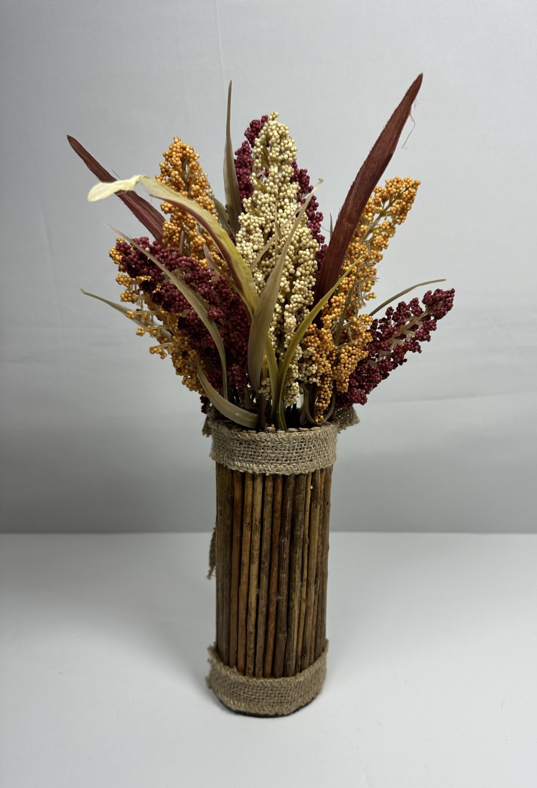 Rustic Dried Sorghum Arrangement in Burlap-Wrapped Wood Vase – Autumn Farmhouse