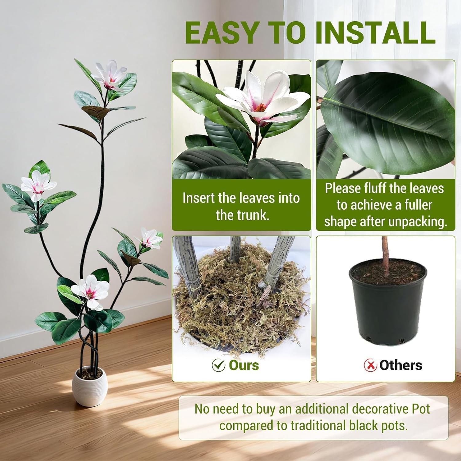150cm Artificial Magnolia Tree, Lifelike Faux Rubber Plant with Magnolia Flowers