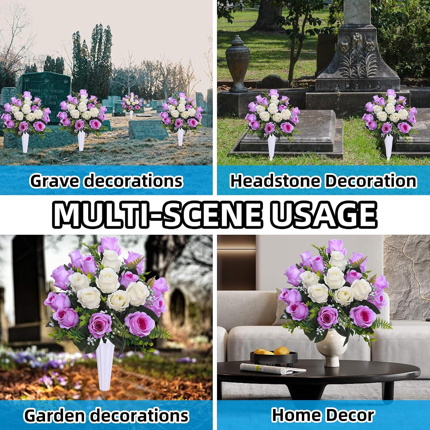 Set of 2 Artificial Cemetery Flowers with Vase,Grave Memorial Flowers,Artificial