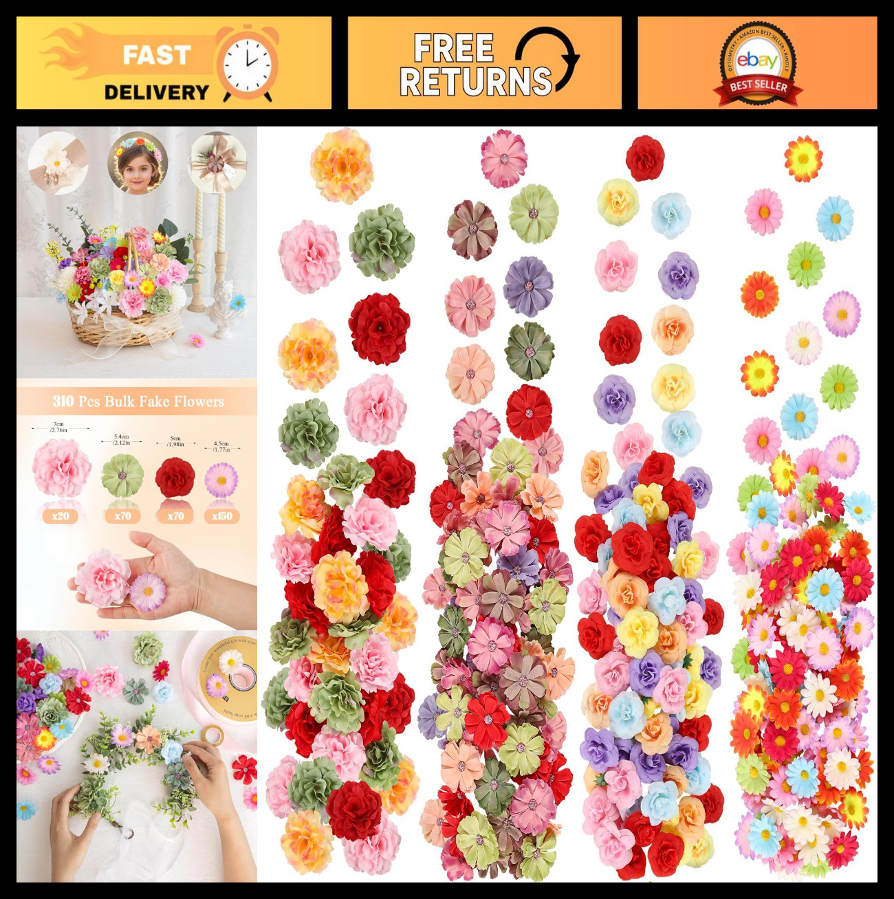 310Pcs Mini Artificial Flower Heads – Silk Daisy Buds for DIY Crafts, Weddings,