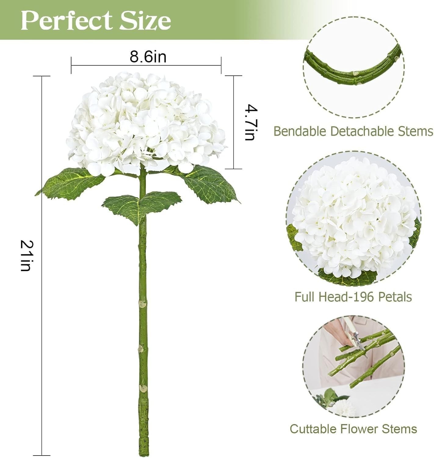 5 pcs Real Touch White Hydrangea Artificial Flowers Long Stem Faux Bouquet Bulk