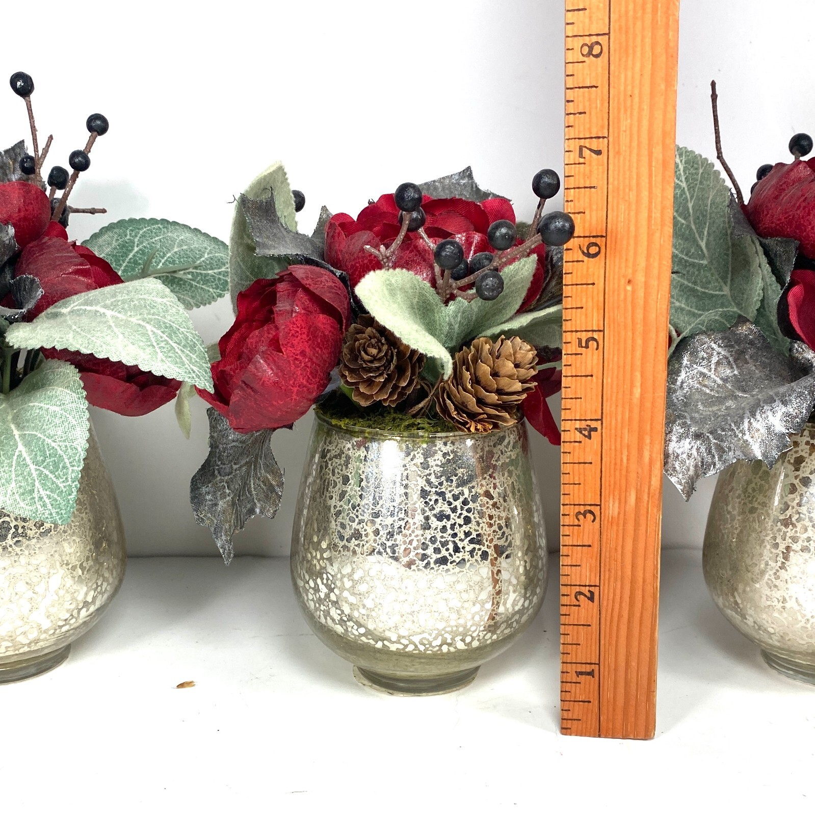 Threshold Silver Mercury Crackle Glass Red Ranunculus Vase Arrangement -Set of 3