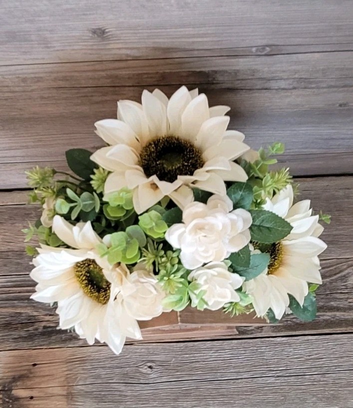 Faux Flower Arrangement Church Wood Box Decor