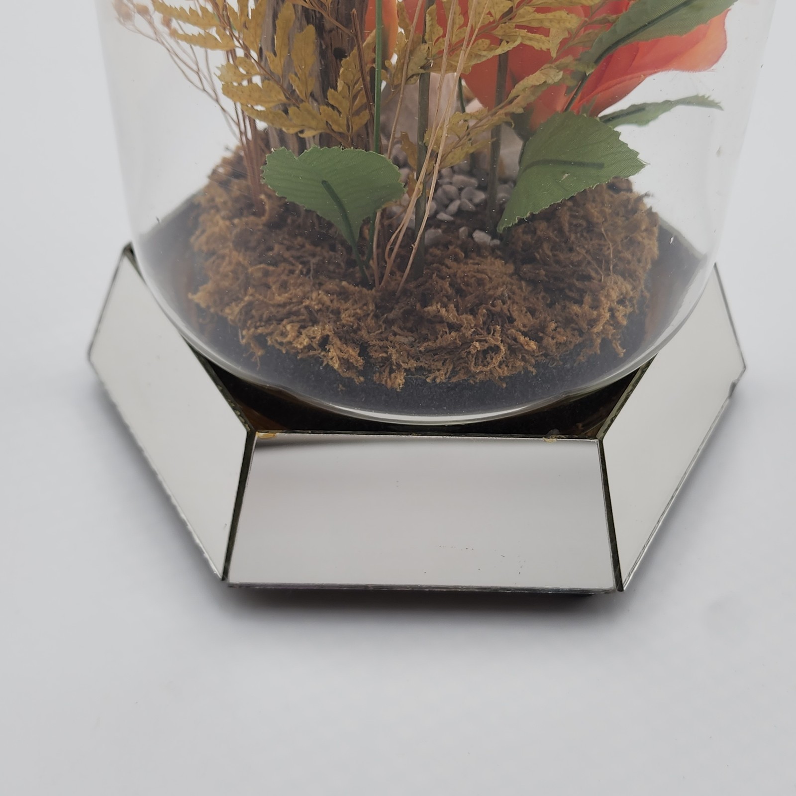 Vintage Glass Dome Floral Cloche with Butterfly Dried & Orange Faux Flowers