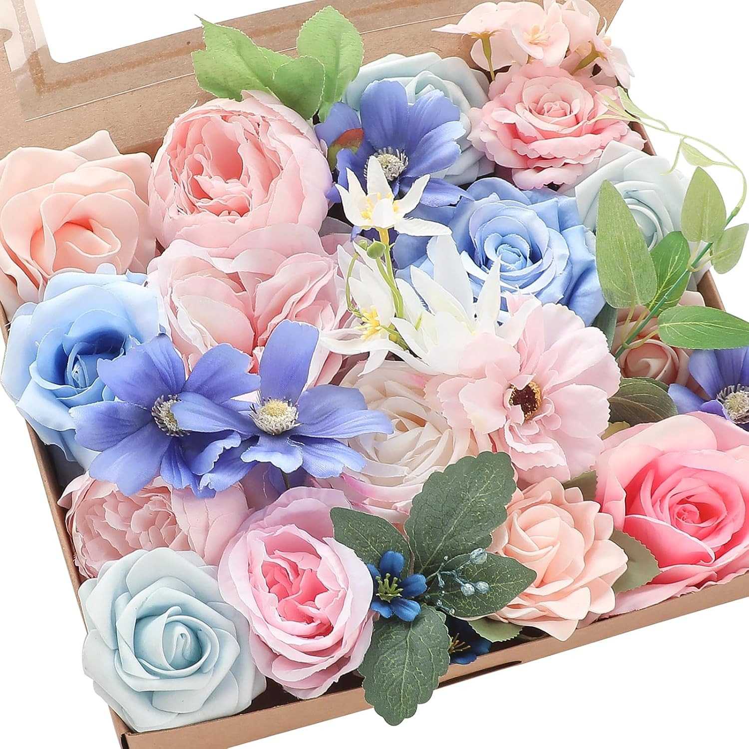 Pink Blush Blue Artificial Flowers Fake Roses Peonies and Greenery Combo Box Set