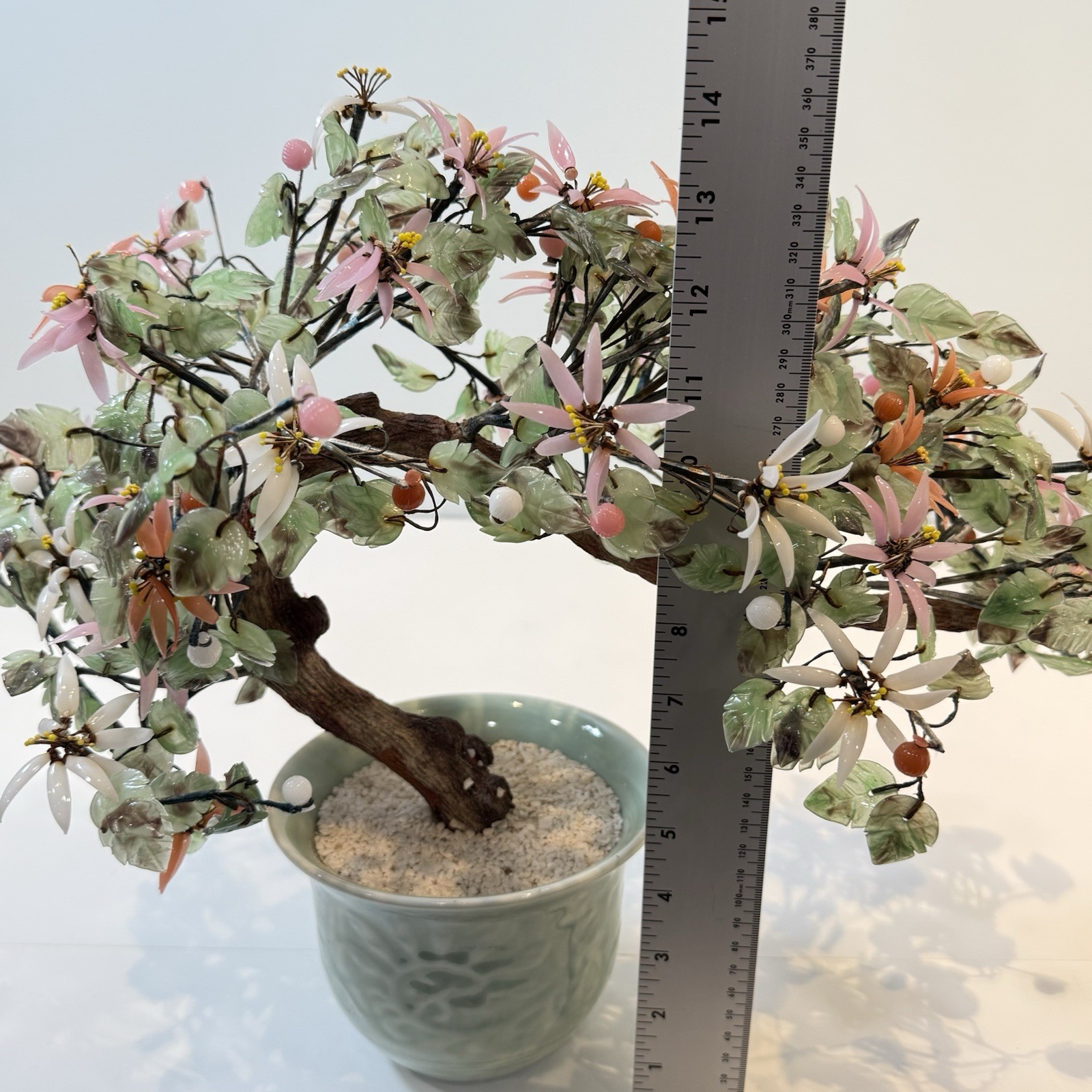 Chinese Glass Bonsai Cherry Blossom Tree 14”T x 18”L Art Decor Vintage SPRING
