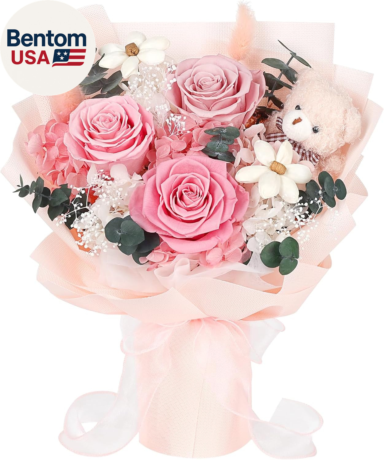 Preserved Flowers Bouquet with Bear, 3 Real Forever Flowers for Delivery, Long-L