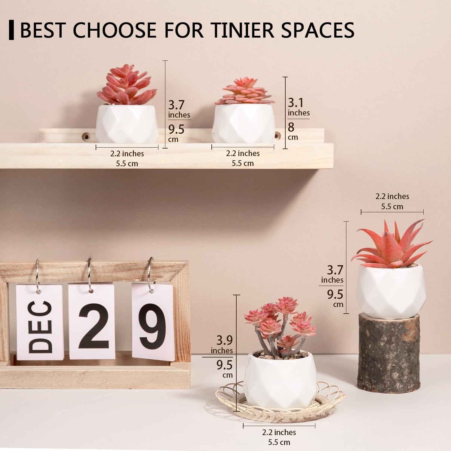 Set of 4 Rose Pink Mini Faux Succulents in White Ceramic Pots for Home Decor