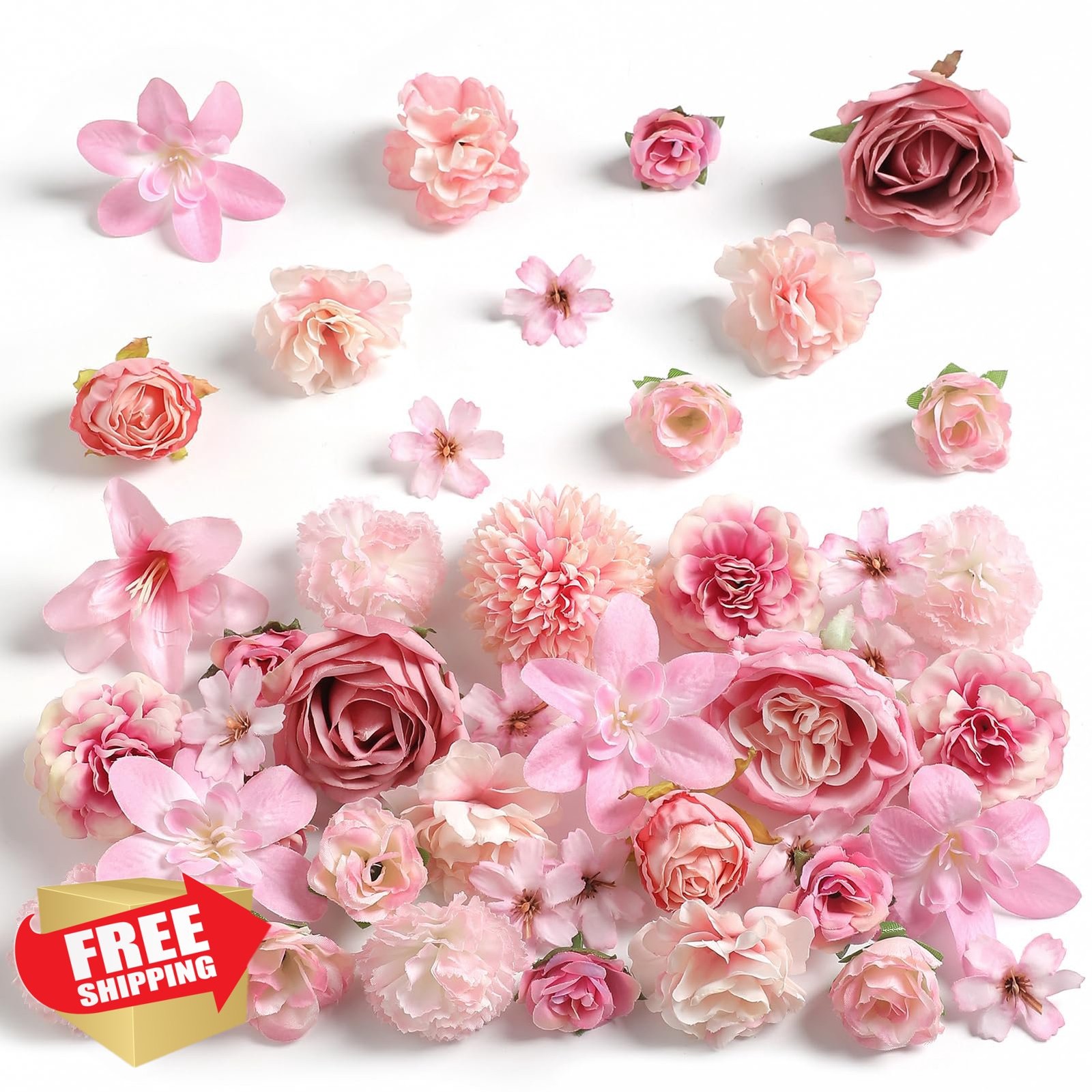 rongflower Silk Artificial Rose Peony Daisy Flower Heads Bulk 48 Pack Pink