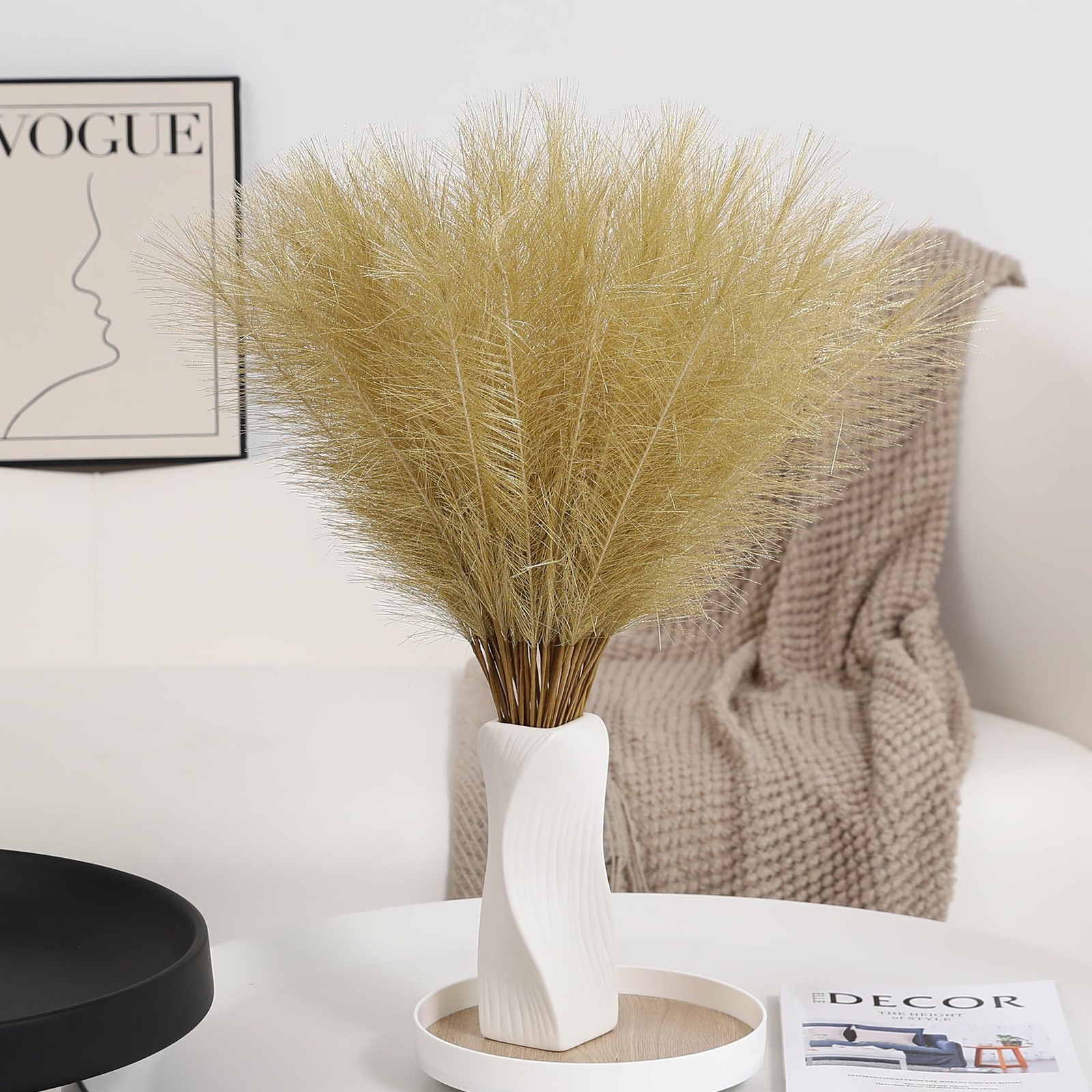 Gold Faux Pampas Grass – 30pcs 24 Inch Long Pampas Grass wall Decor, Mini Art…