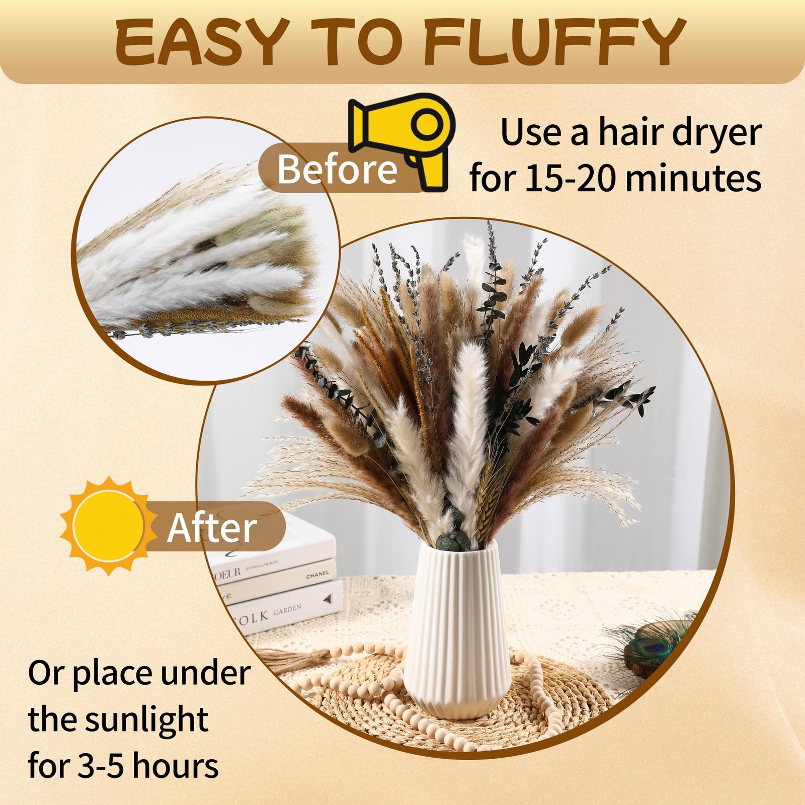 Dried Pampas Grass Bouquet – 92 Pcs 11-13 inch Pampas Grass Decor with Bunny …