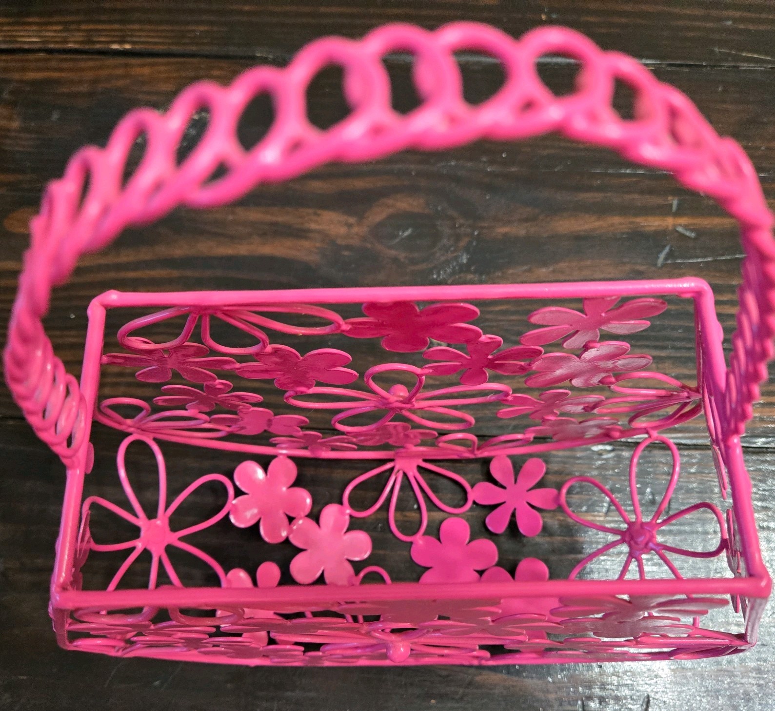 Pink Metal Floral Purse-Basket With Handle-Pink Flowers