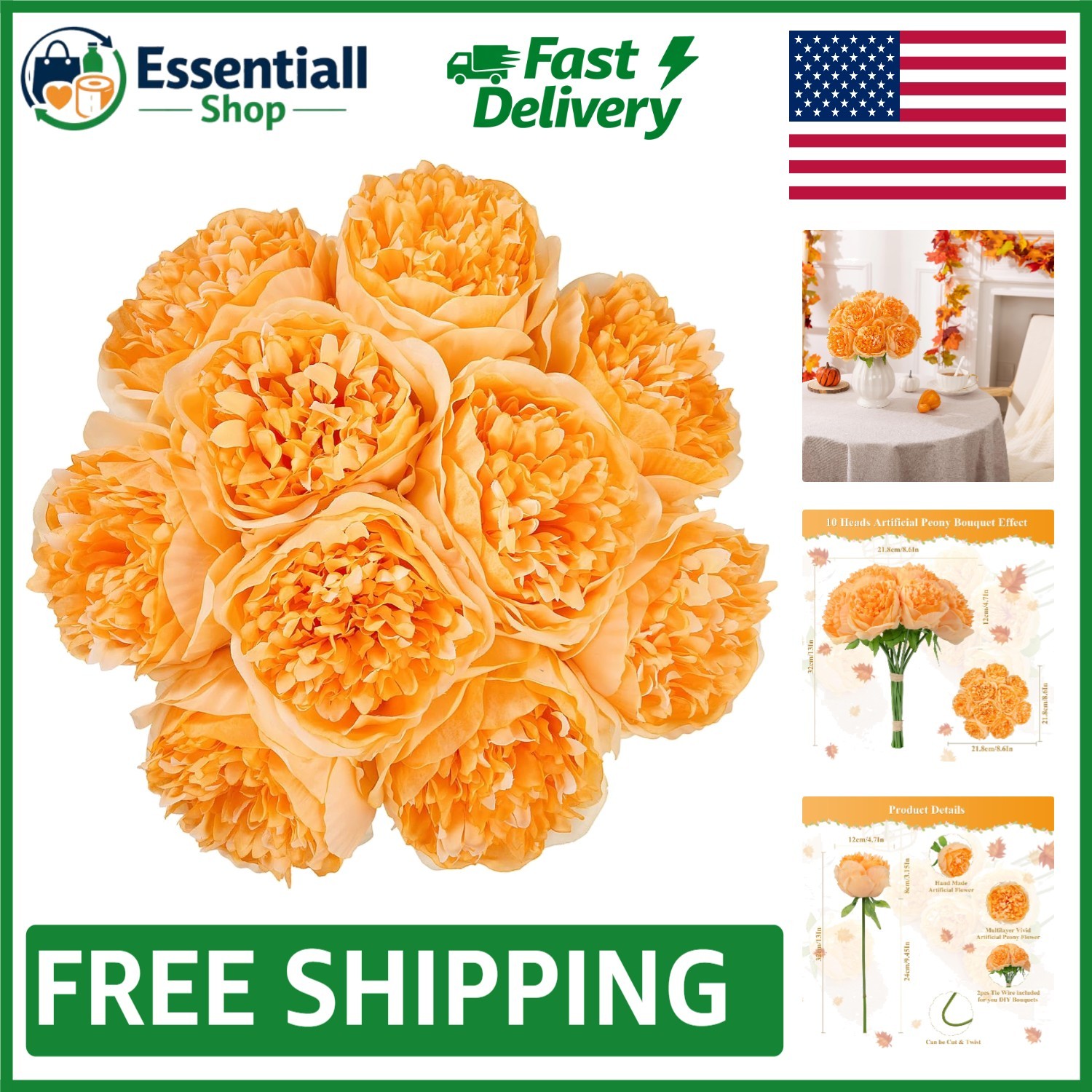 Stunning 10pcs Orange Artificial Peonies – Perfect for Seasonal Decor & Events