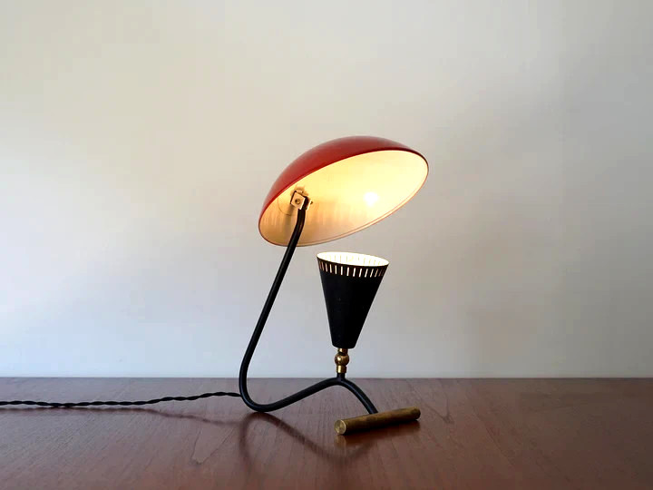 Mid-Century Modern Table Lamp – Red Dome Shade | Italian Style 1950s Des