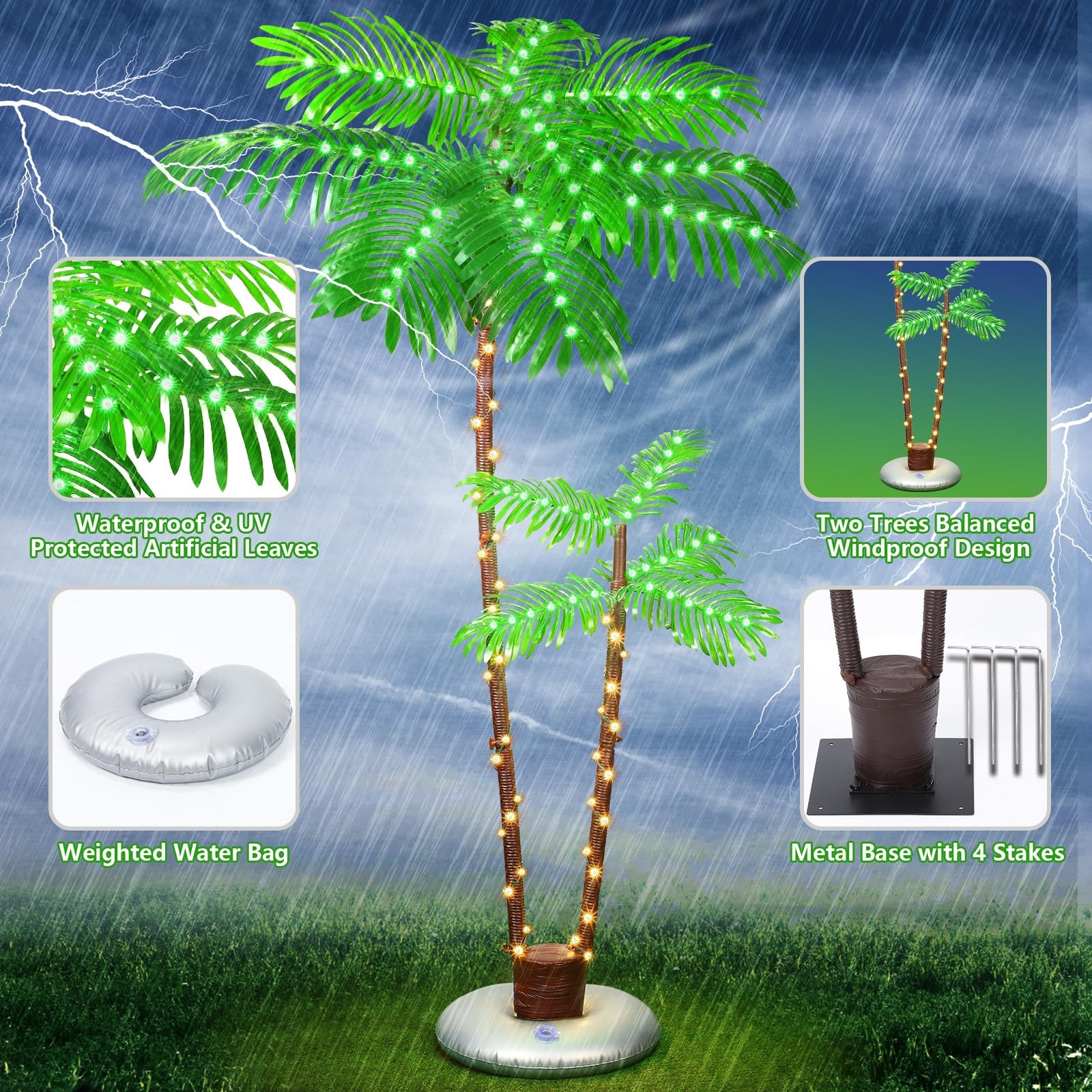 6FT Solar Lighted Palm Tree with 2 Trunks, IP65 Waterproof Artificial Palm Tr…