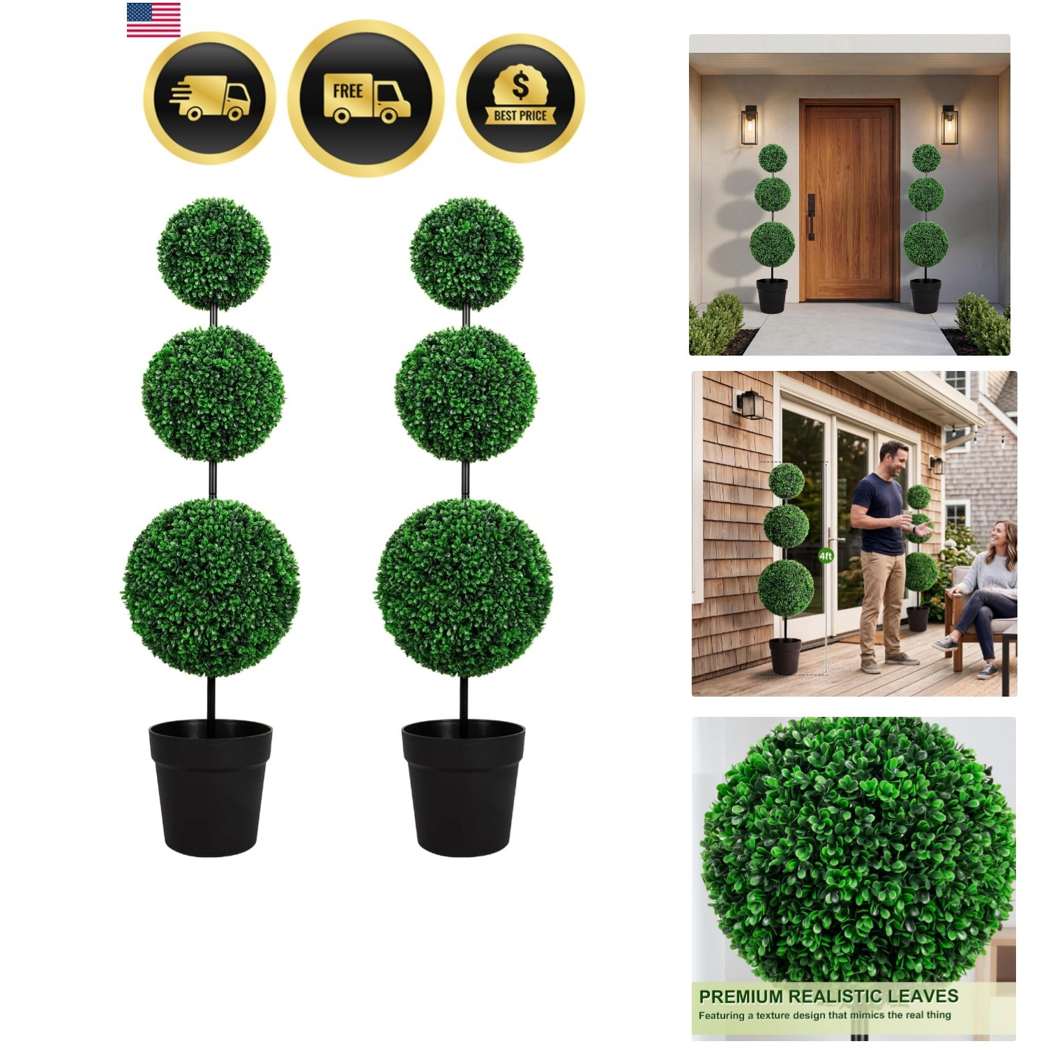 Artificial Boxwood Topiary Tree 4FT Triple Ball Faux Topiary Trees, Waterproo…