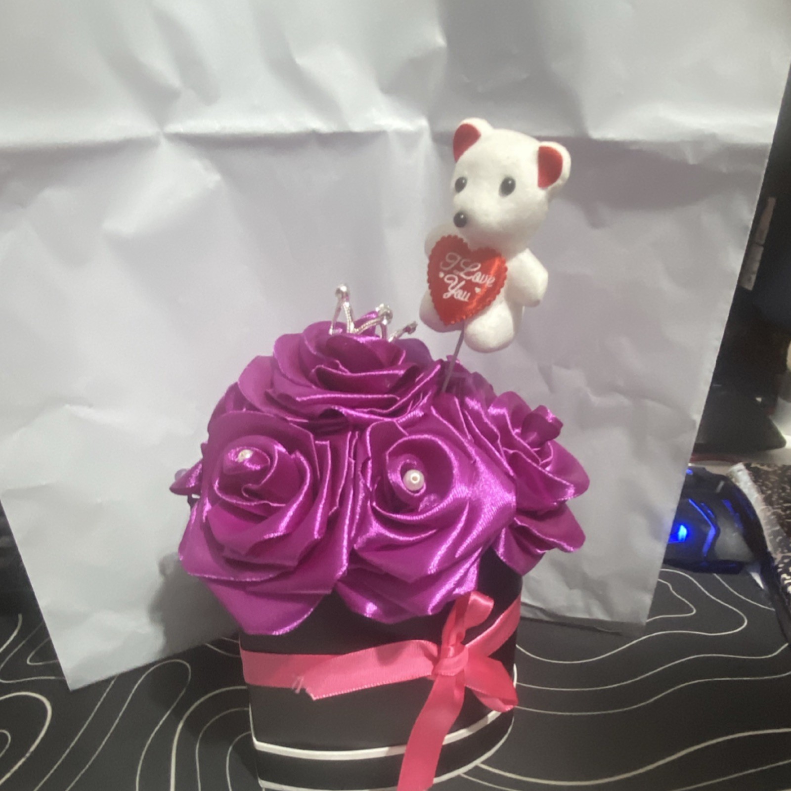 Artificial Rose Flower Box Purple with Teddy Bear Valentine’s Day Centerpiece