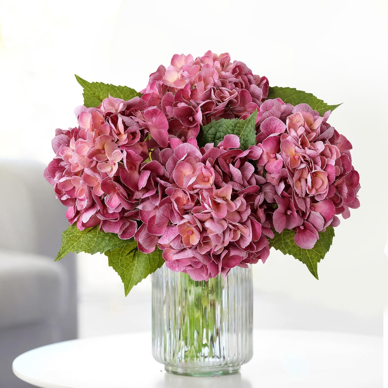 Magenta Pink Hydrangea Artificial Flowers, 4Pcs 21” Latex Real Touch Flowers,…