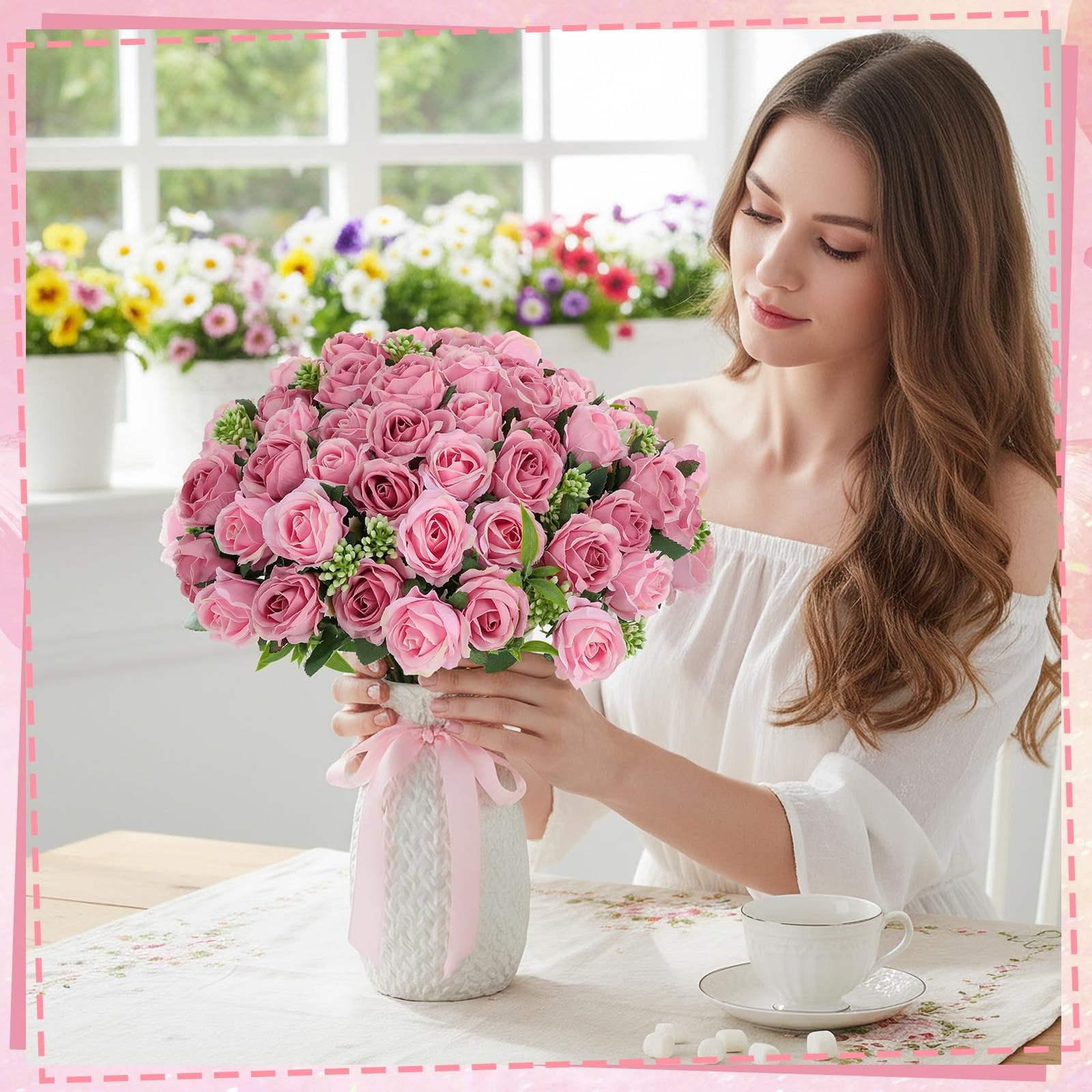 6 Stems 10 Heads Dusty Pink Artificial Silk Roses Bouquets with Leaf Faux Flo…