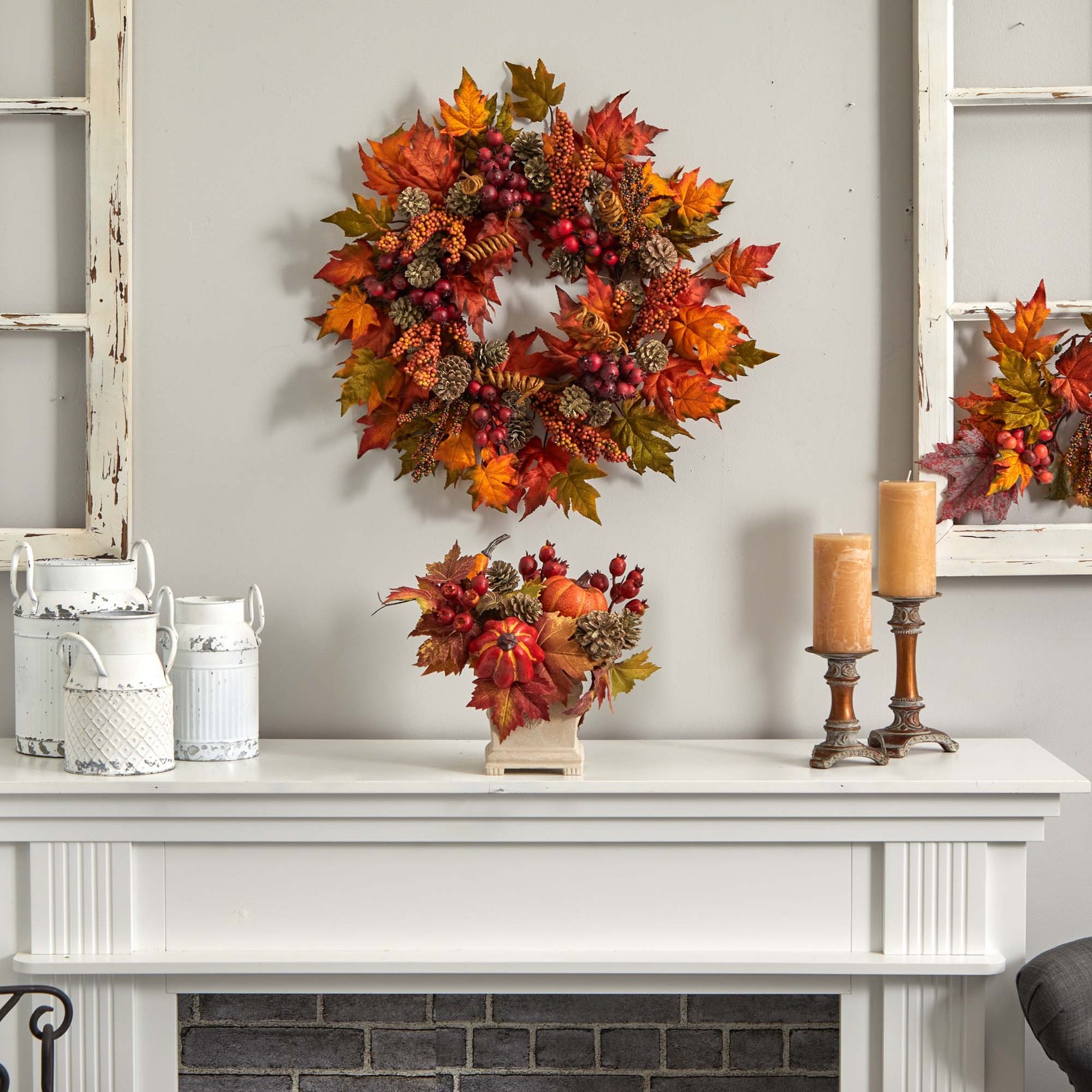 Nearly Natural Pumpkin Gourd Berry and Maple Leaf Artificial Arrangement