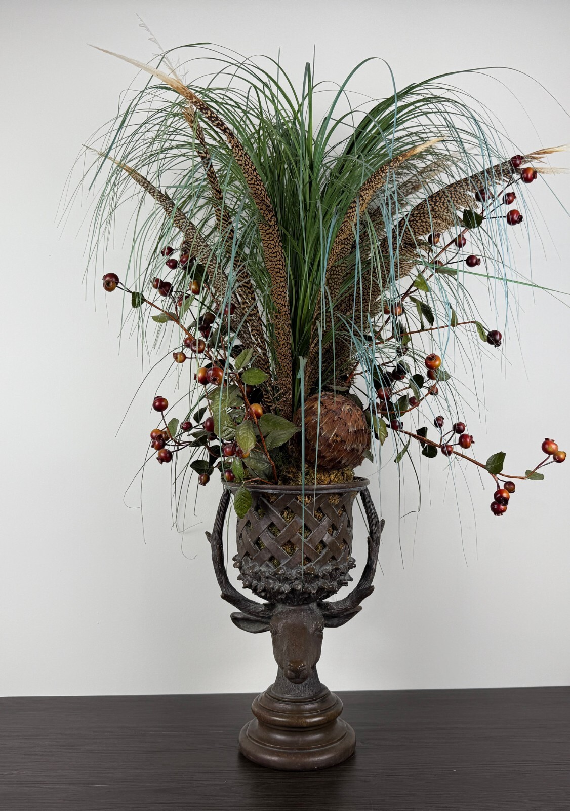 Rustic Stag Head Urn Faux Floral Arrangement Pheasant Feather Lodge Centerpiece