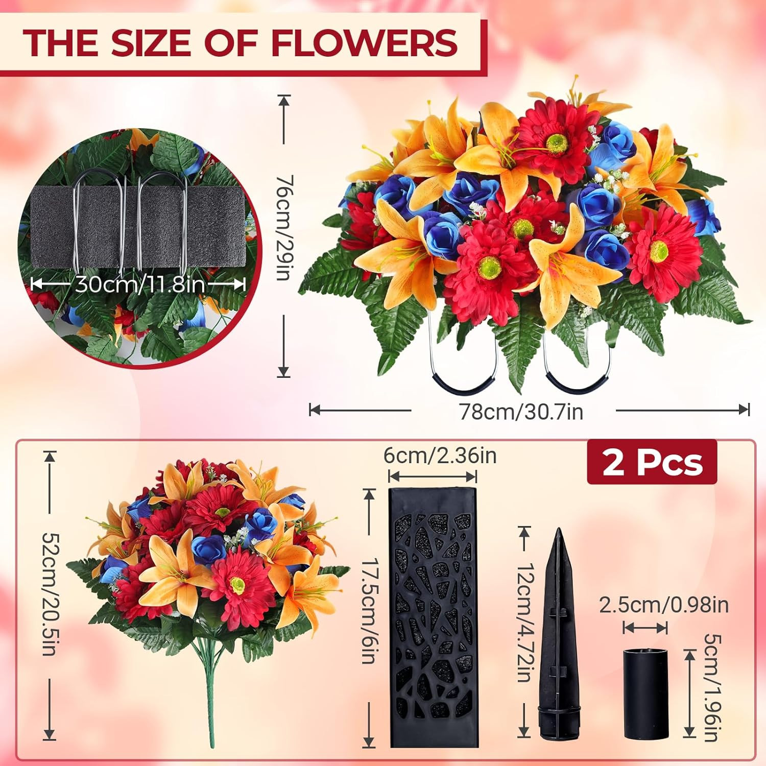 3 PCS Artificial Cemetery Flower Saddles, Cemetery Memorial Flowers with Vase fo