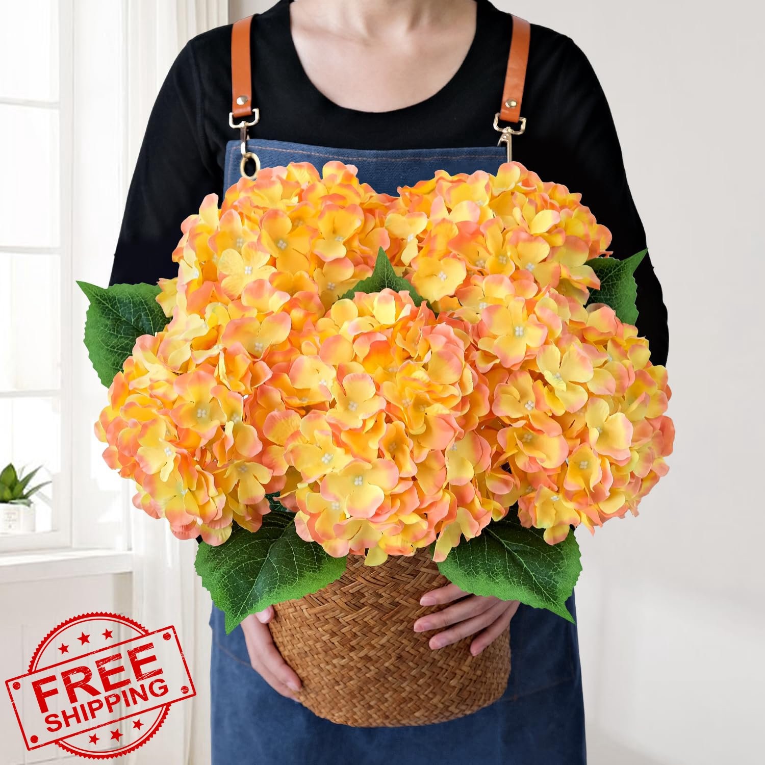 JINWOE Silk Hydrangea Artificial Flowers 5Pcs 20″ Yellow Orange