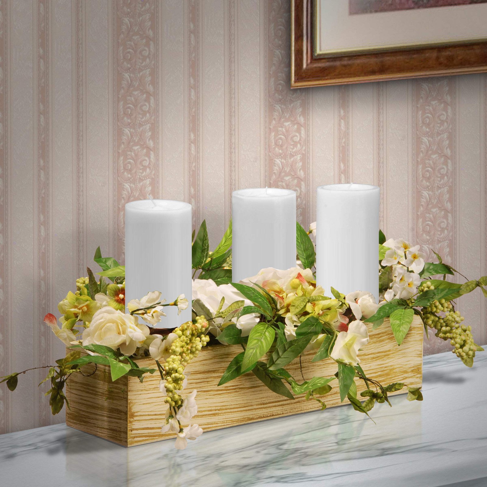 22 in. Spring Candleholder Table Decoration with Flower Blooms, Berry Clusters,