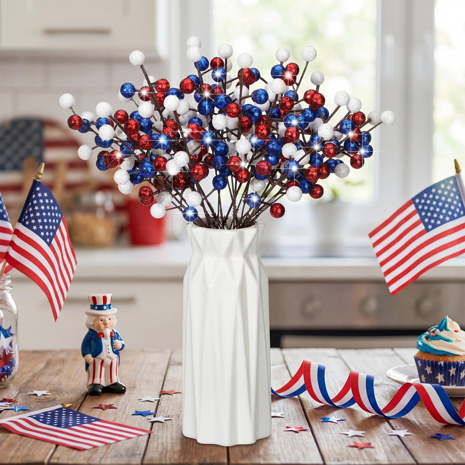 24 Pcs 9.3 Inch 4th of July Glitter Patriotic Ball Picks Red White Blue Berry…
