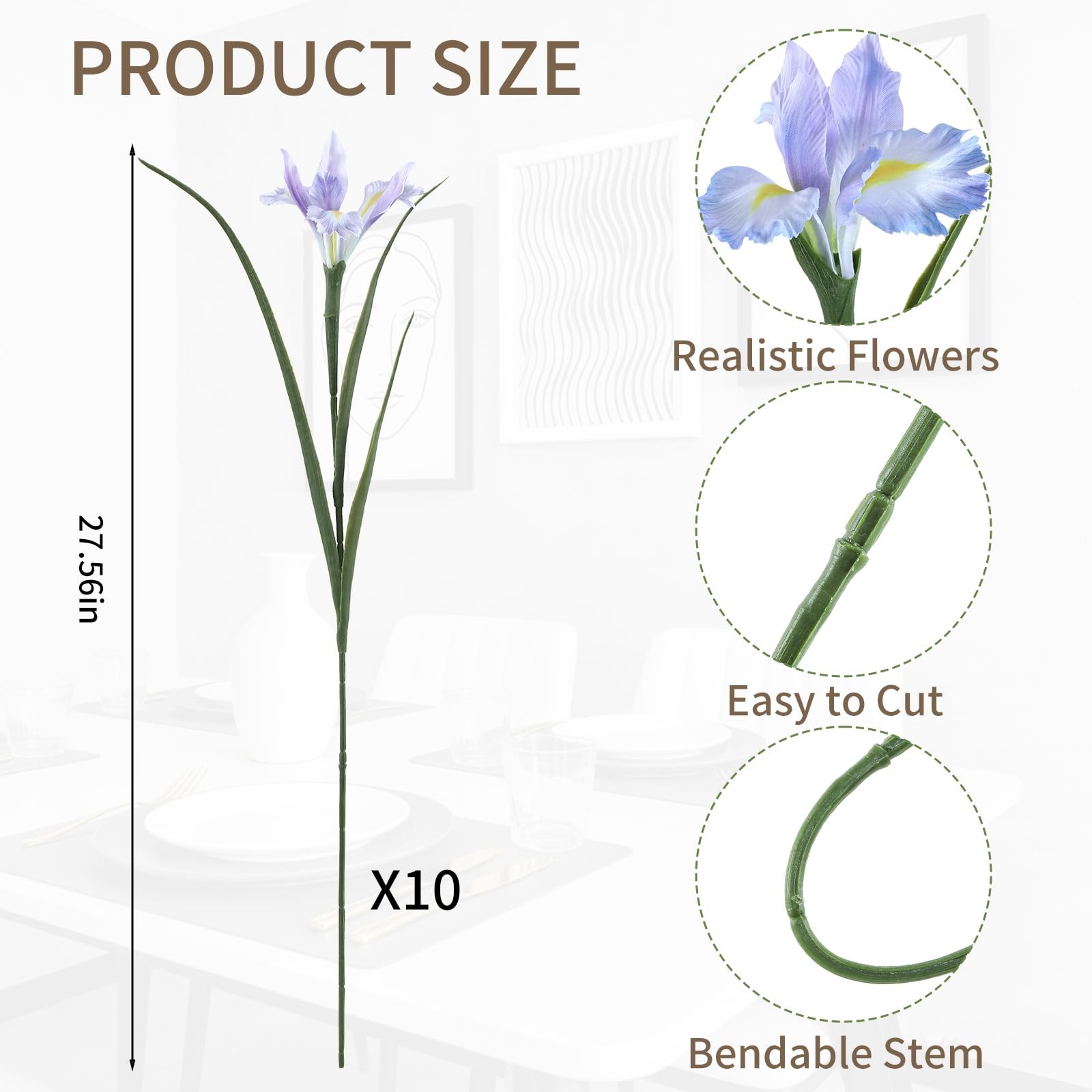 LFF 10Pcs Artificial Lavender Blue Iris Flowers with 27.5″ Long Stems, UV Res…