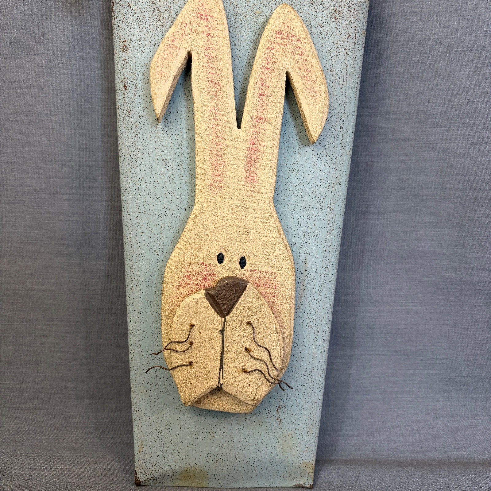 Bunny Rabbit Distressed Wood & Metal Wall Pocket Hanging Planter Spring Flowers