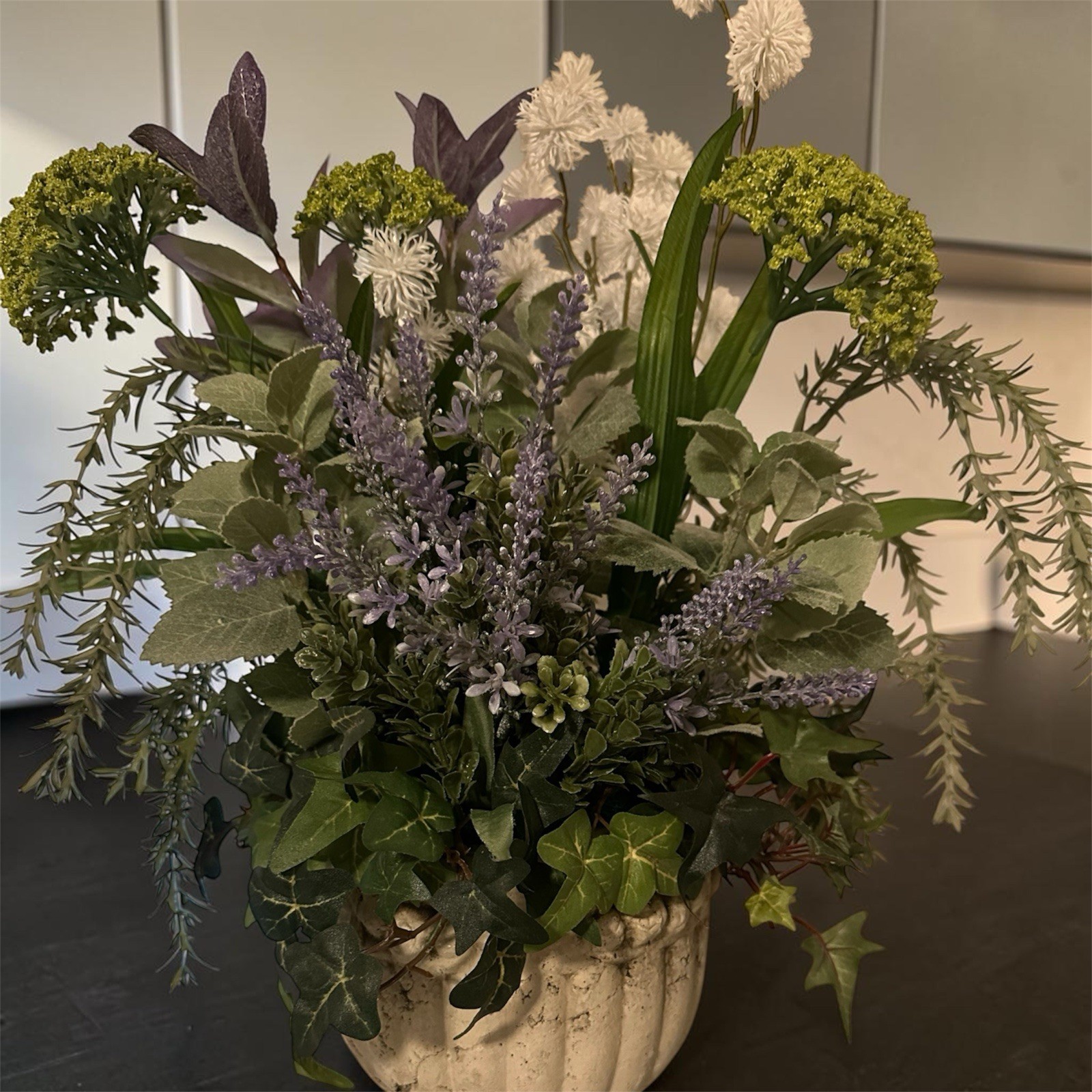 Neoclassical Urn Herb Floral Arrangement Lavender Rosemary Ivy