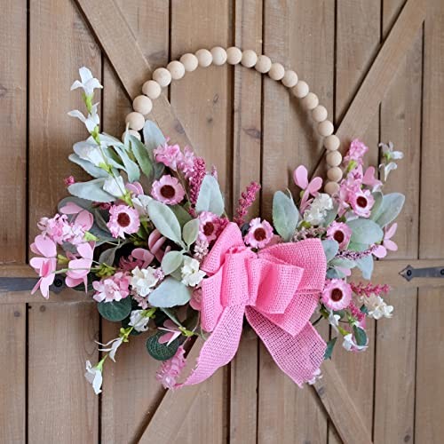 16″ Spring Wooden Beaded Door Wreath Pink Daisy, Burlap Bow Wreath,