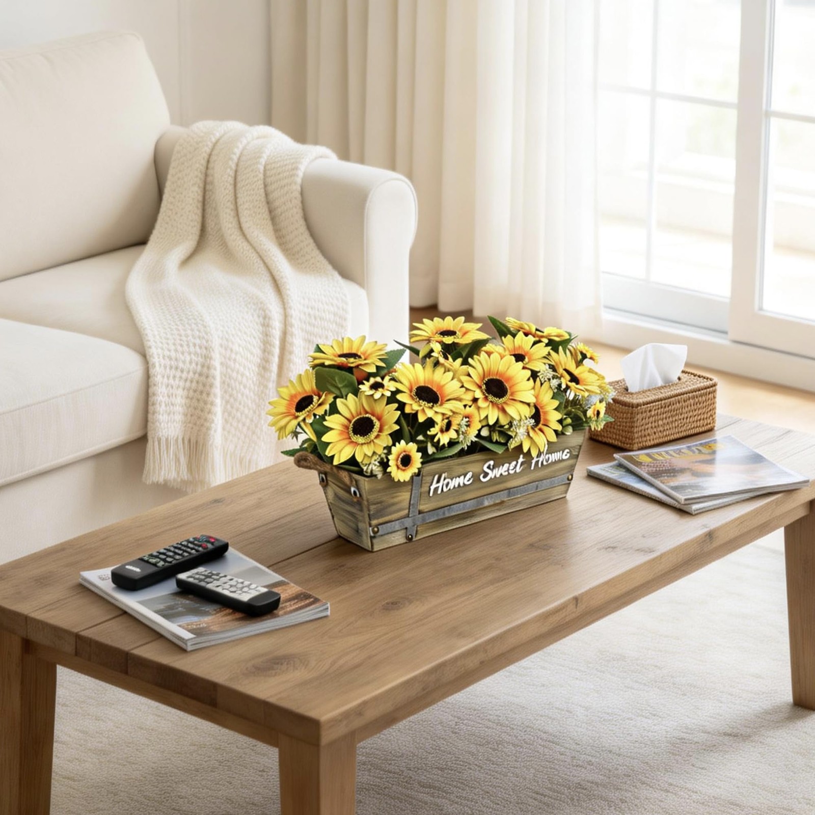 Artificial Sunflower Arrangement in Rustic Wood with “Home Sweet Home” Sign, …