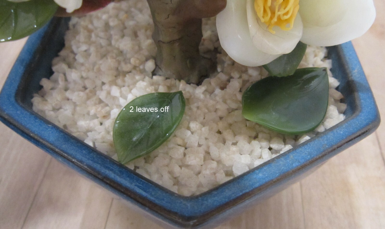 Vintage Japan glass flowers in blue bowl – 7-1/2″ high – yellows & greens VGC