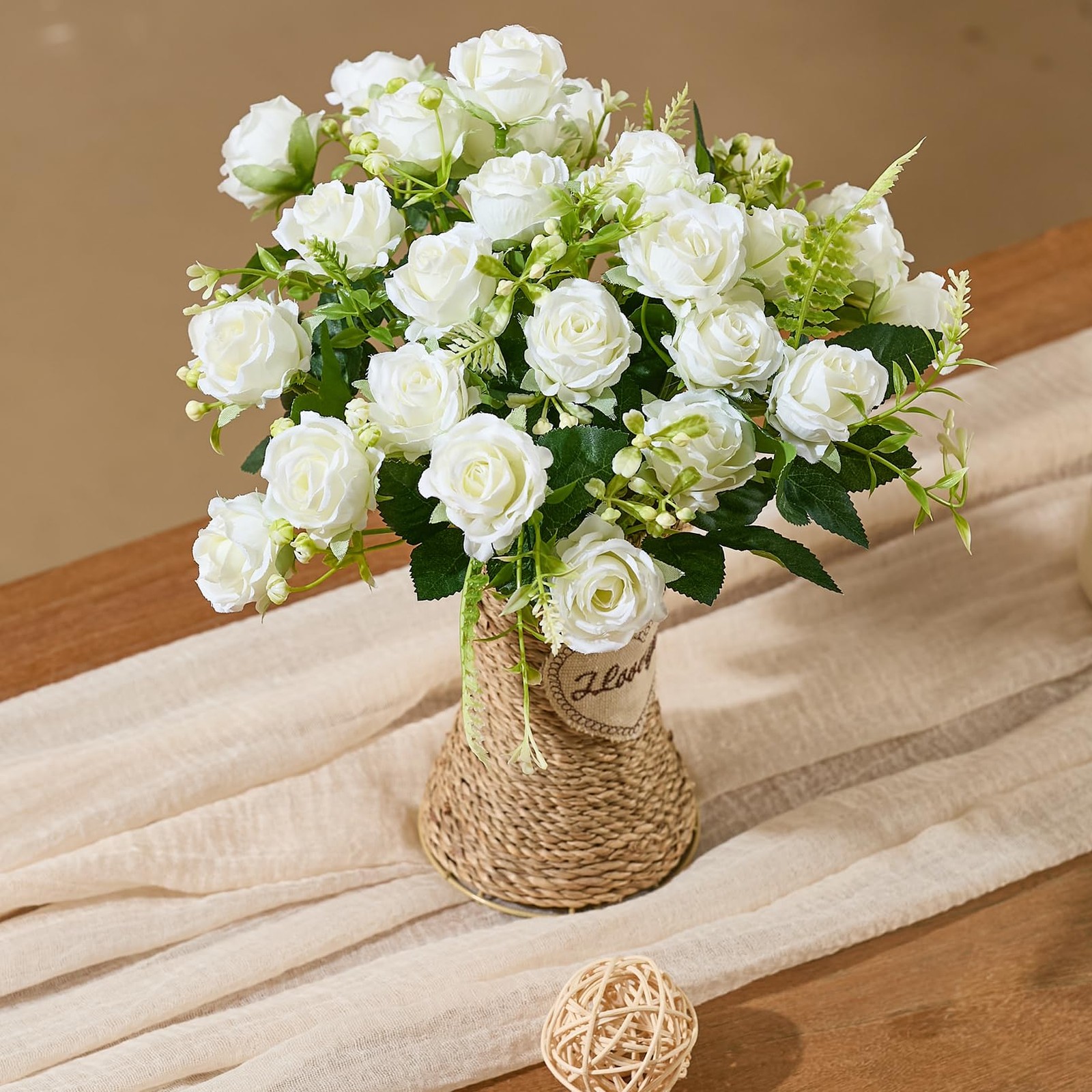 3 Bundles White Roses Artificial Flowers with Vase