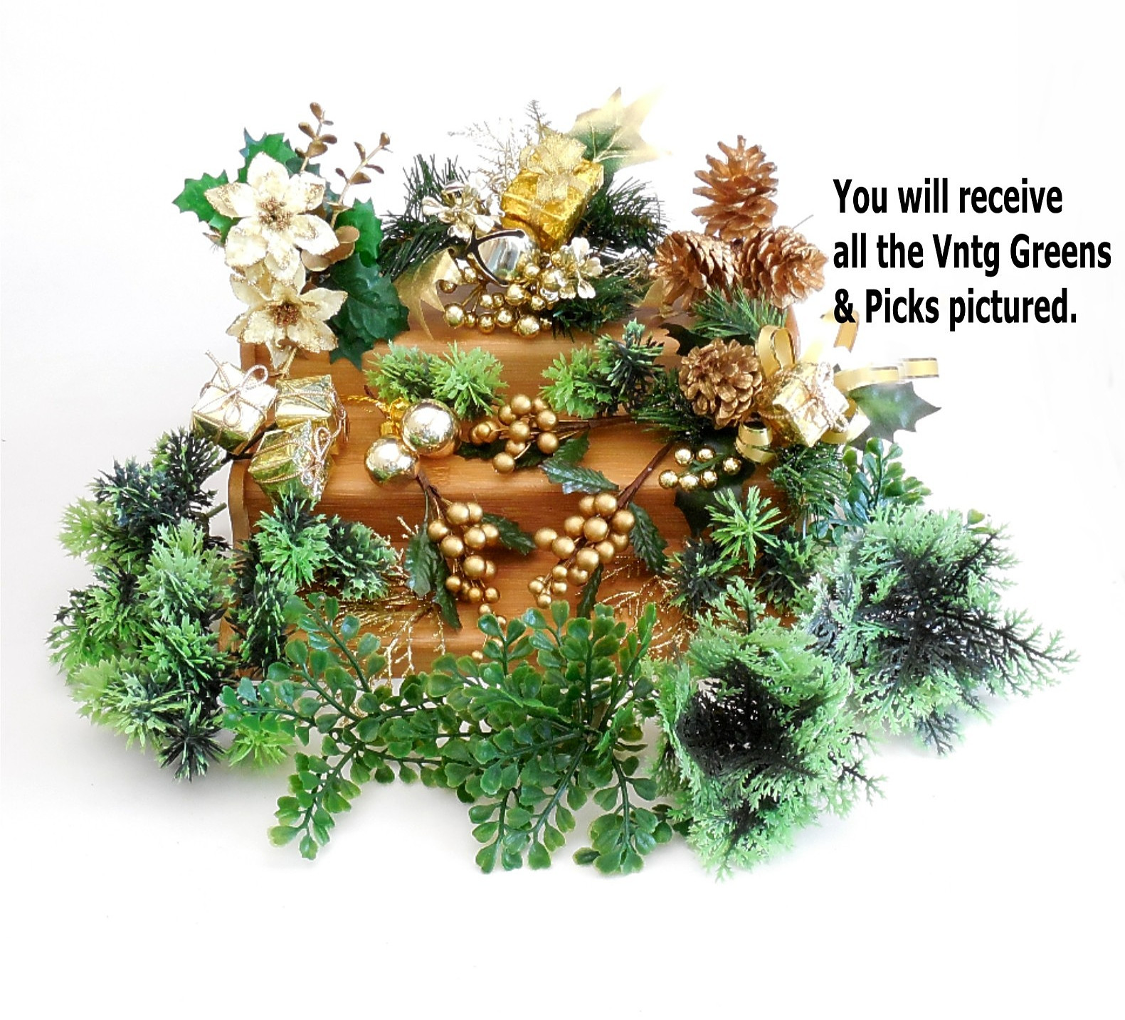 Vintage Christmas Plastic Floral Greenery Craft Lot 43pc w Gold Picks Stems Trim