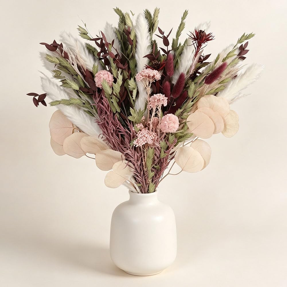 Blush Pink & Burgundy Dried Flower Bouquet, Cream Pampas Grass with Sage Gree…