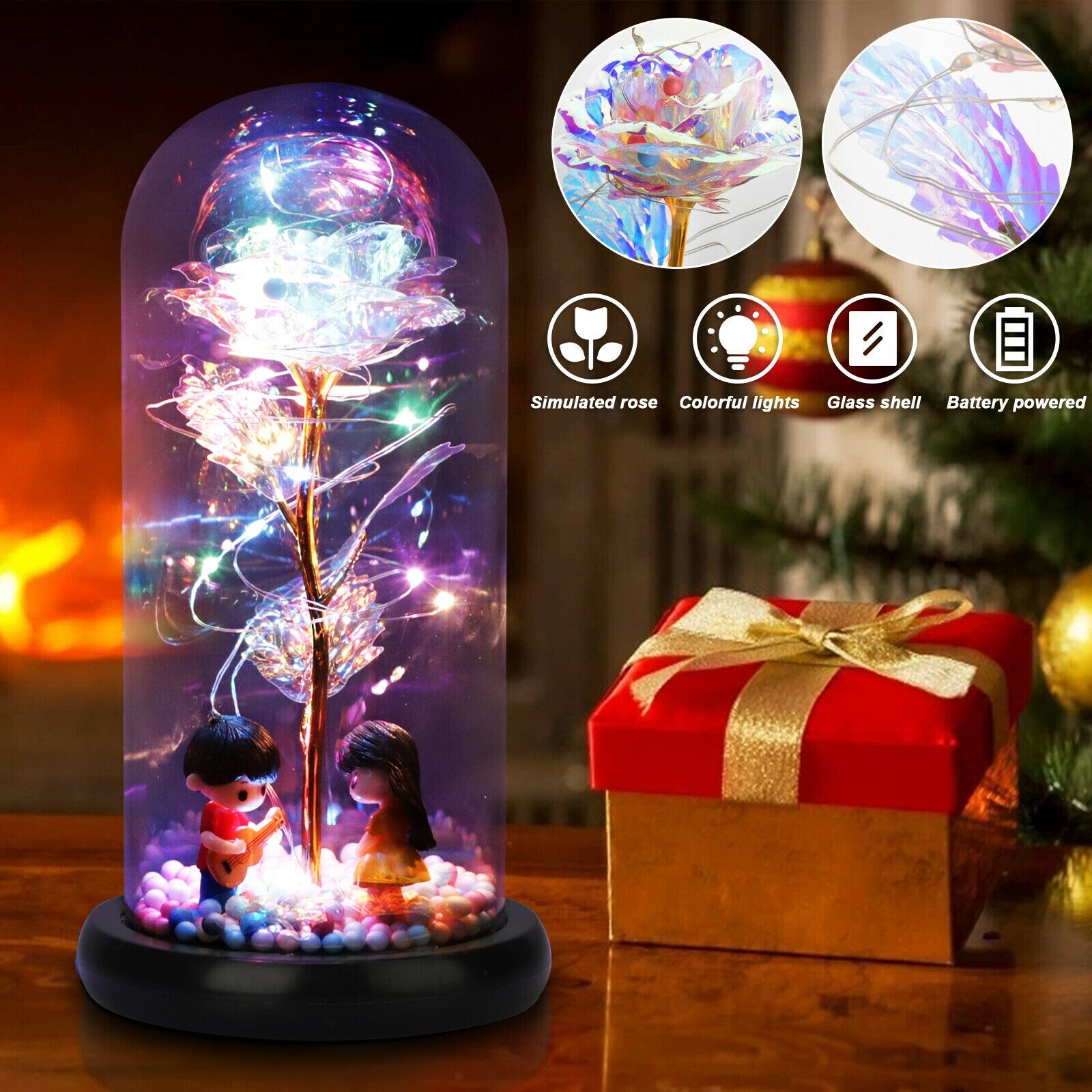 LED Galaxy Rose Flower in Glass Dome Valentine’s Day Girlfriend Gifts