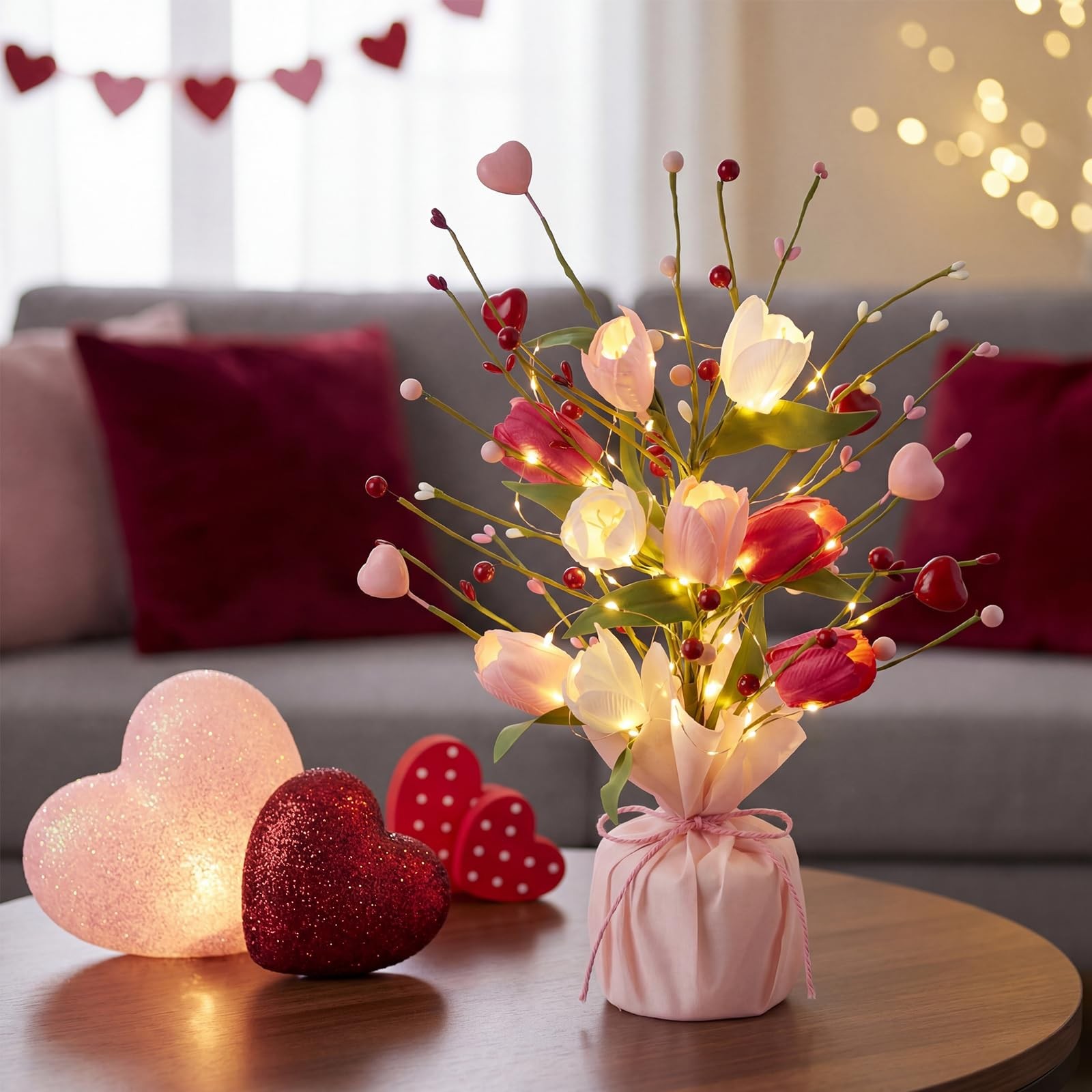 2 PCS 16 Inch Spring Artificial Tulip Table Tree Decoration Light Burlap Base