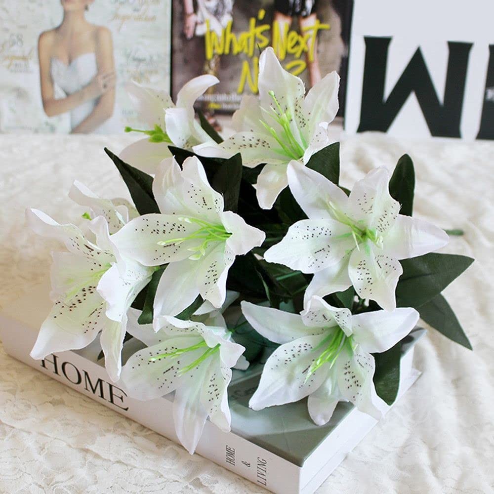2 Bouquets 10 Heads Silk Lilies Artificial Flowers Fake Wedding White 17.7 In