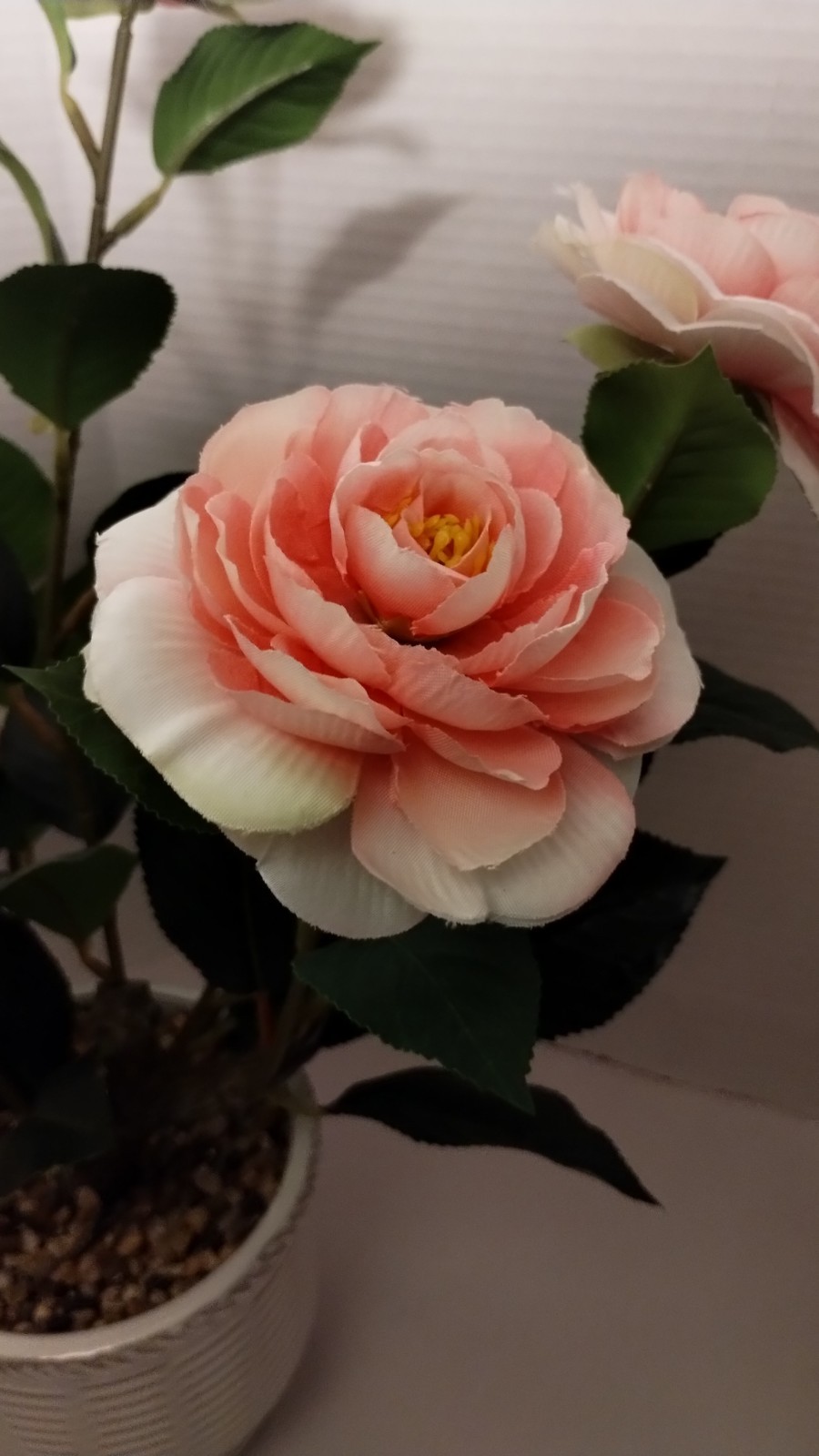 Artificial Camellia Pink/White Faux Plant In A Ceramic Pot, 20″ Tall