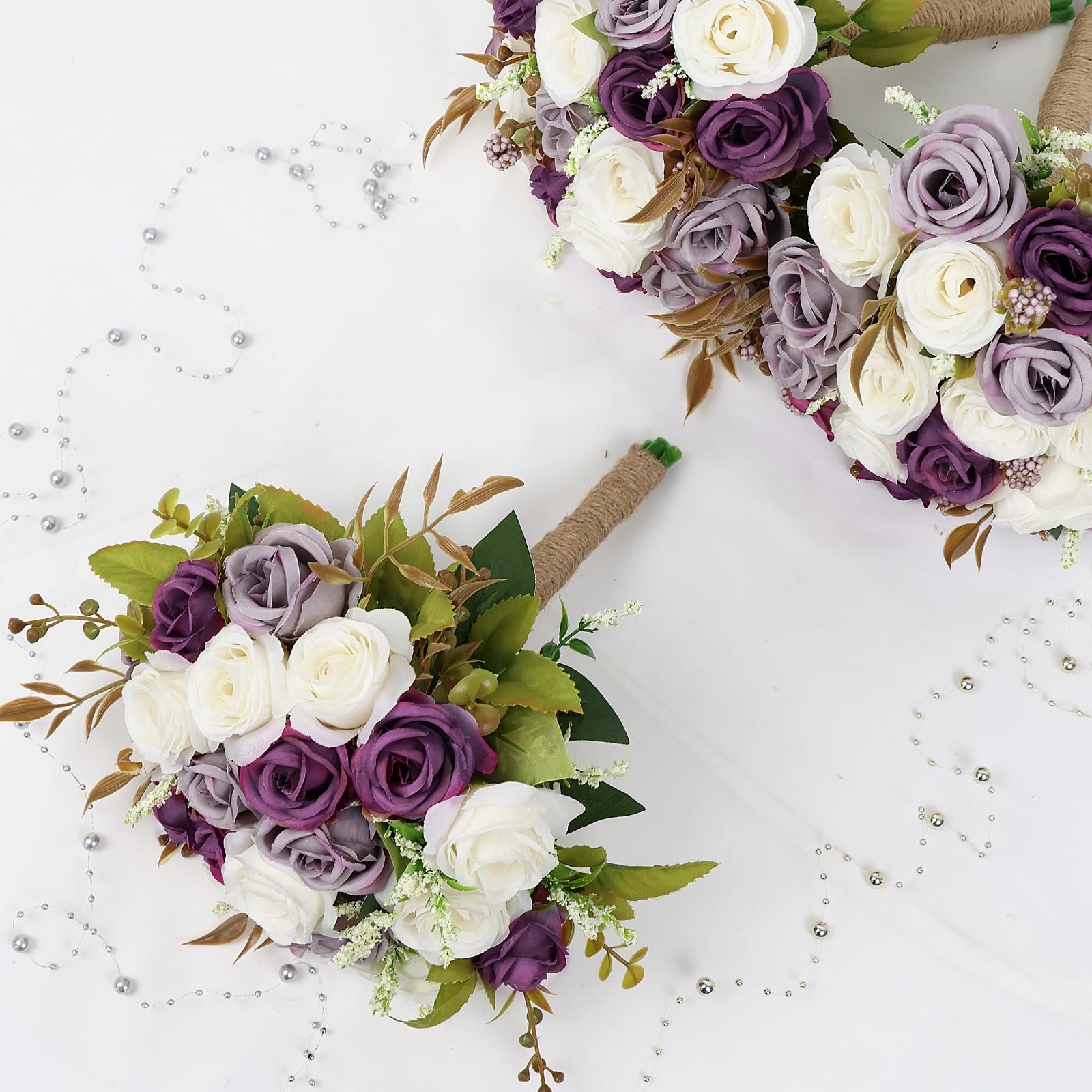 Set of 4 Bridesmaid Bouquets for Wedding – 7 Inch Artificial Ivory Flower Bou…