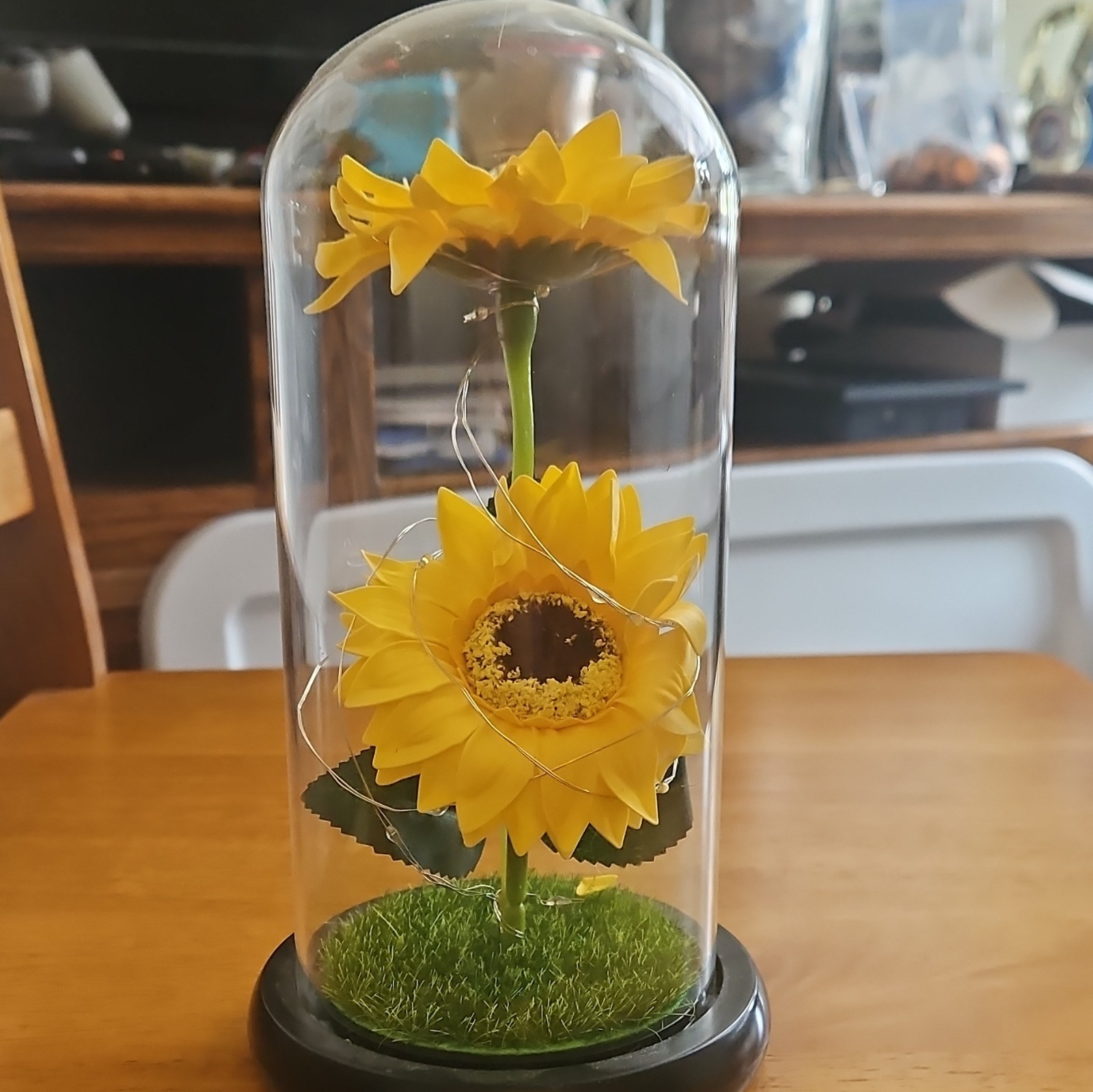 Artificial Sunflower Flower Arrangement Glass Dome Display w/ String Lights